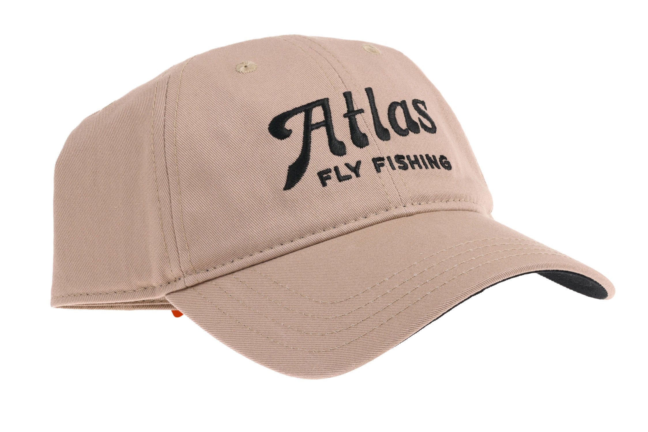 Beige cotton baseball cap with black embroidered Atlas script and Fly Fishing logo, curved brim, casual outdoor hat