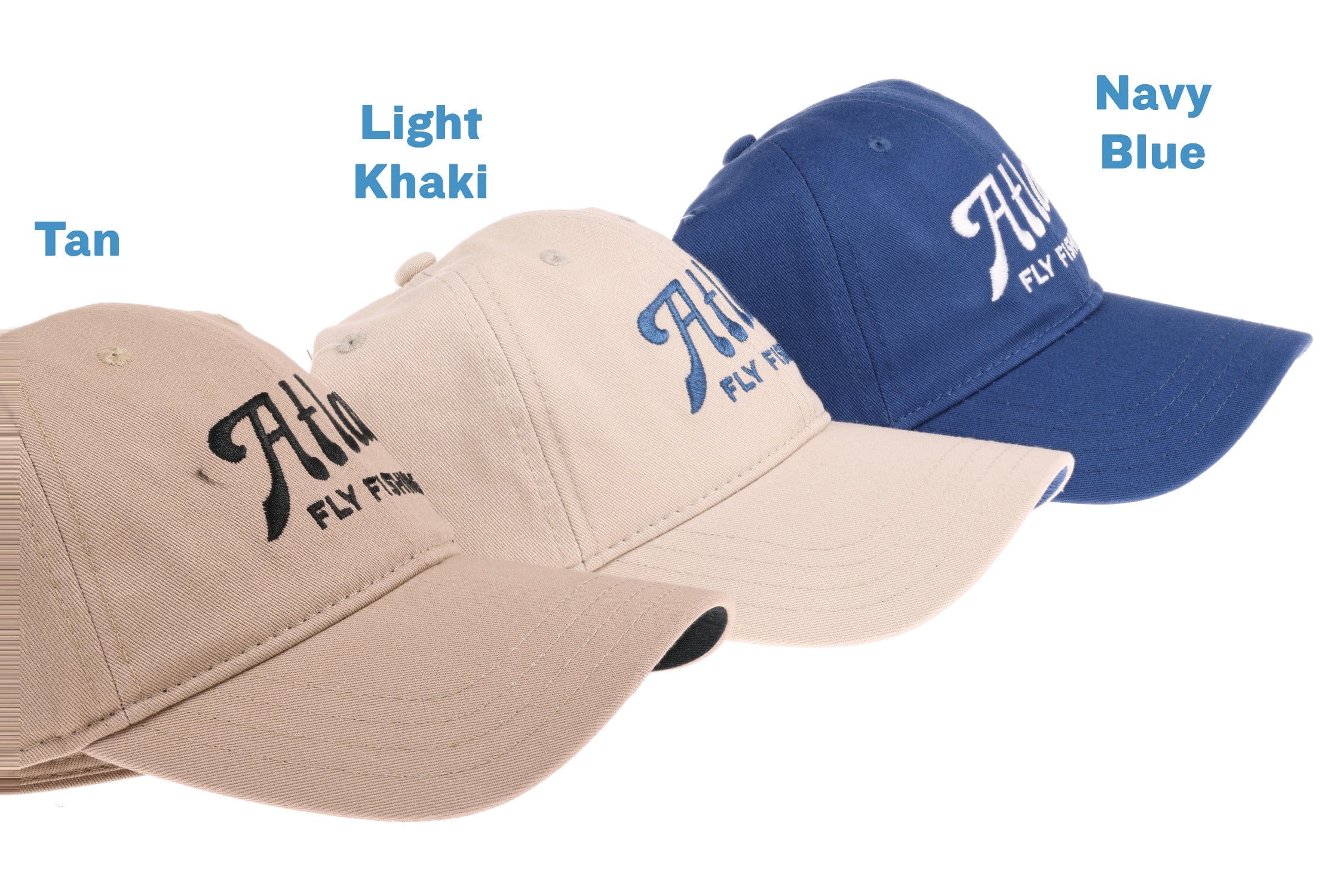 Three Atlas script baseball caps in tan, light khaki and navy blue with embroidered logo on cotton twill, curved brim