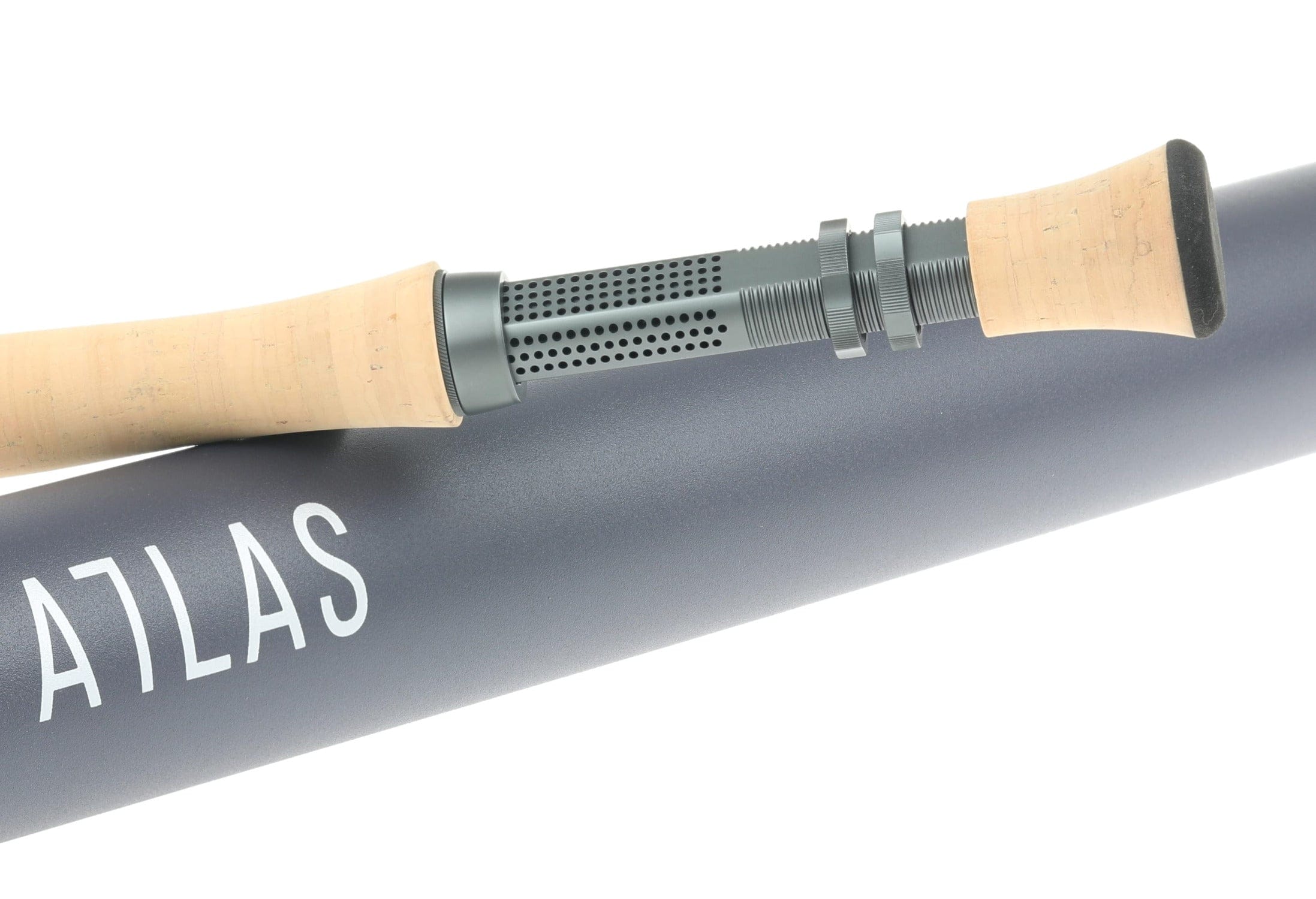 Atlas 8ft 6in 11wt fly rod cork handle and gray perforated aluminum reel seat on matte slate-gray rod tube with ATLAS logo