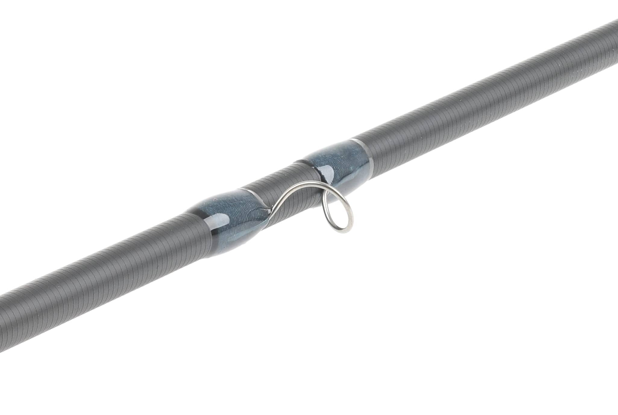 Charcoal graphite 8ft6 Atlas Signature fly rod blank with ribbed finish, blue glossy wraps and stainless steel guide ring