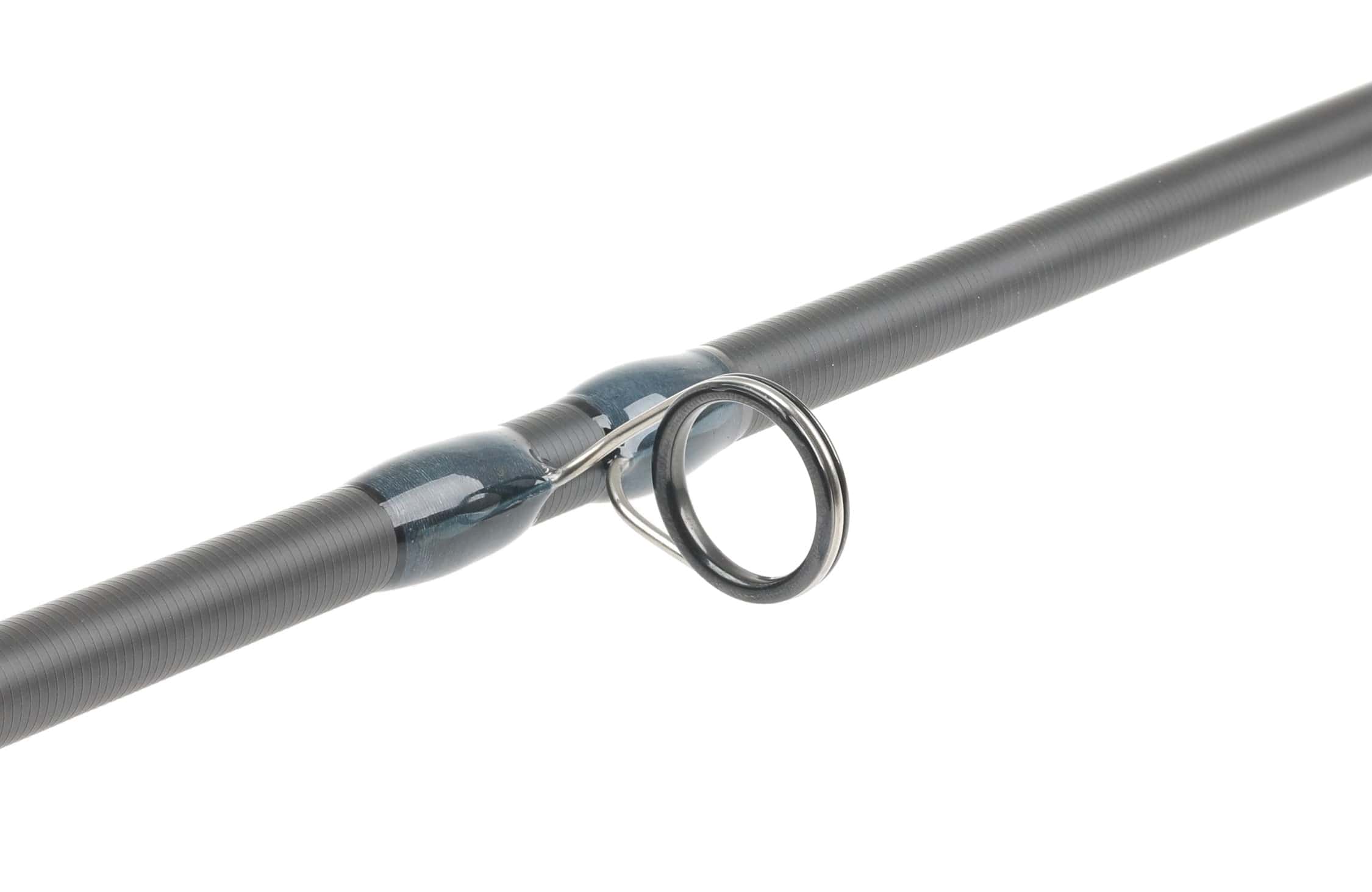 Atlas Signature 8ft6in 11wt fly rod closeup charcoal carbon fiber blank with glossy blue guide wrap and metal guide ring