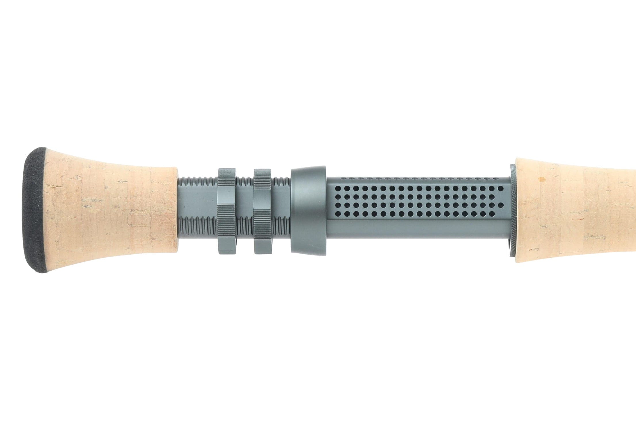 Atlas Signature fly rod reel seat with light cork handles and gray perforated aluminum insert, knurled locking rings
