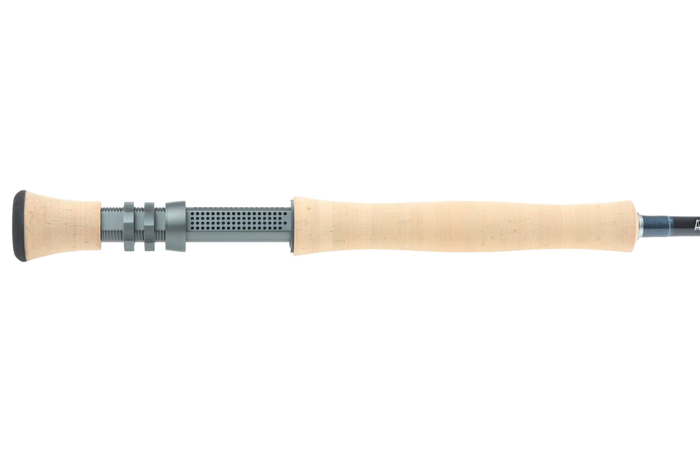 Atlas Signature 8ft 6in 11wt fly rod cork handle with perforated gray aluminum reel seat and tapered natural cork grip