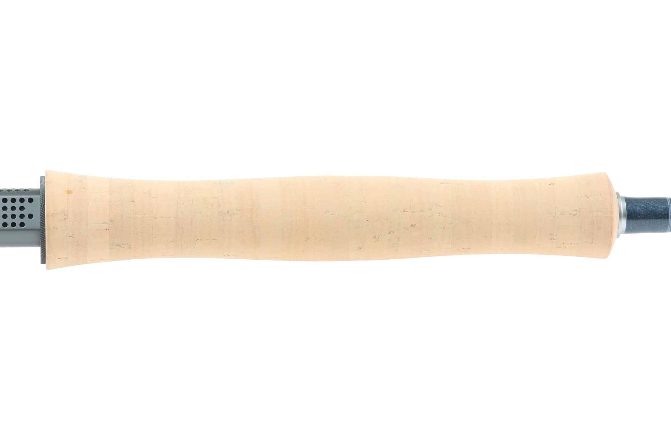 Atlas fly rod cork handle close-up, light tan contoured cork grip with dark blue blank and grey metal reel seat