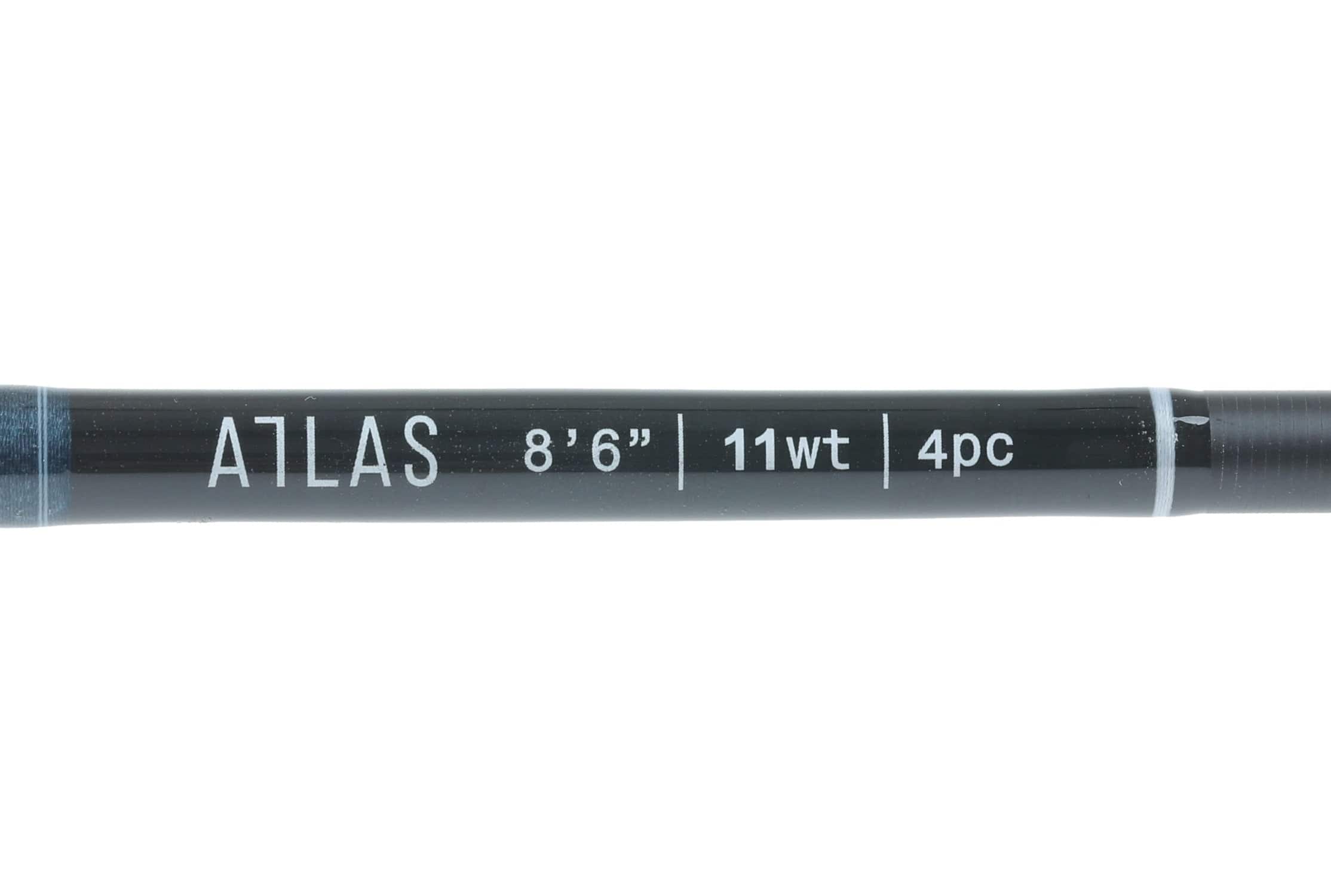 Atlas Signature 8 ft 6 in 11wt black graphite fly rod blank with white lettering and pale blue trim, 4-piece rod label