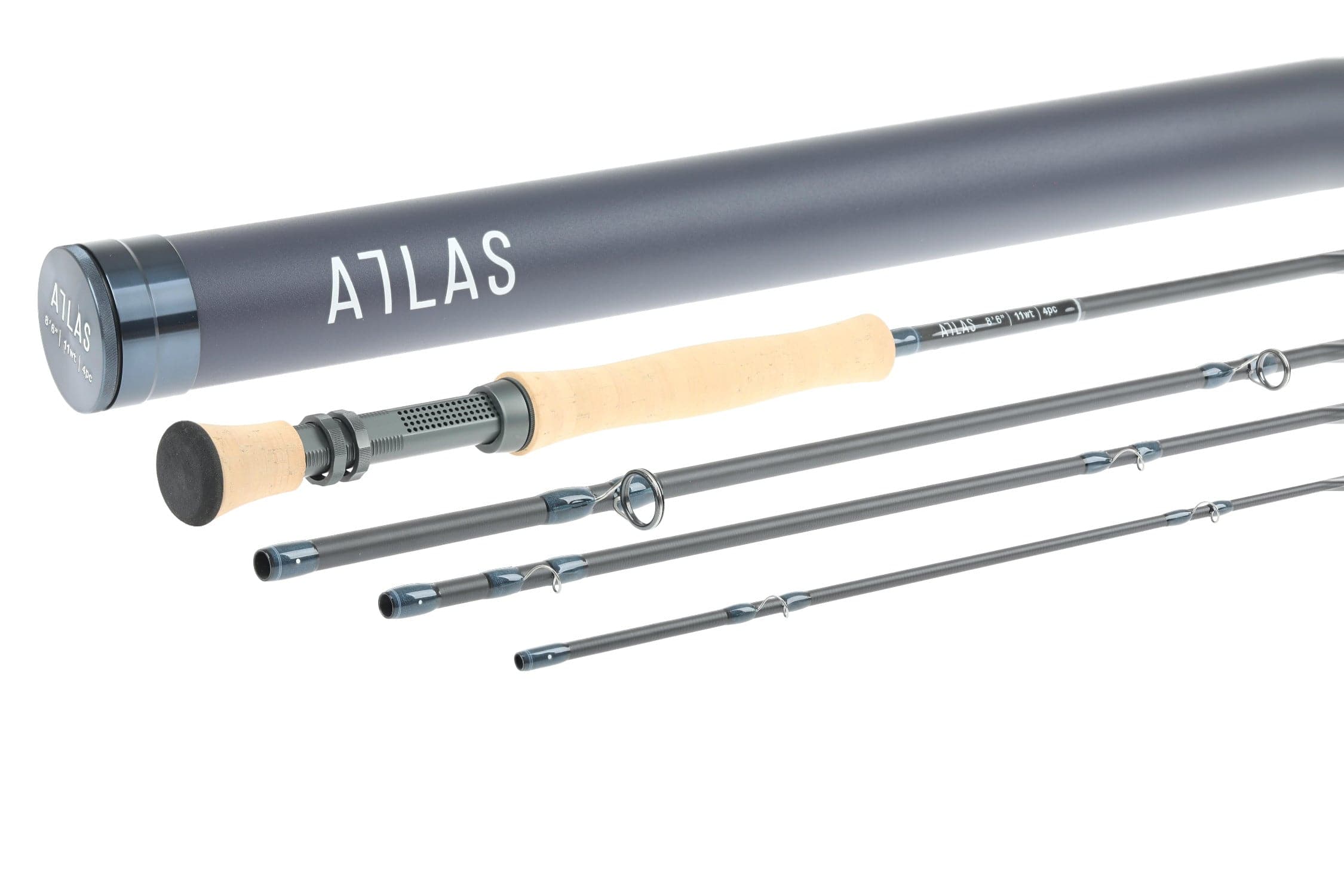 Atlas Signature 8ft 6in 11wt fly rod with matte slate-gray graphite blanks, cork handle and navy metal travel tube