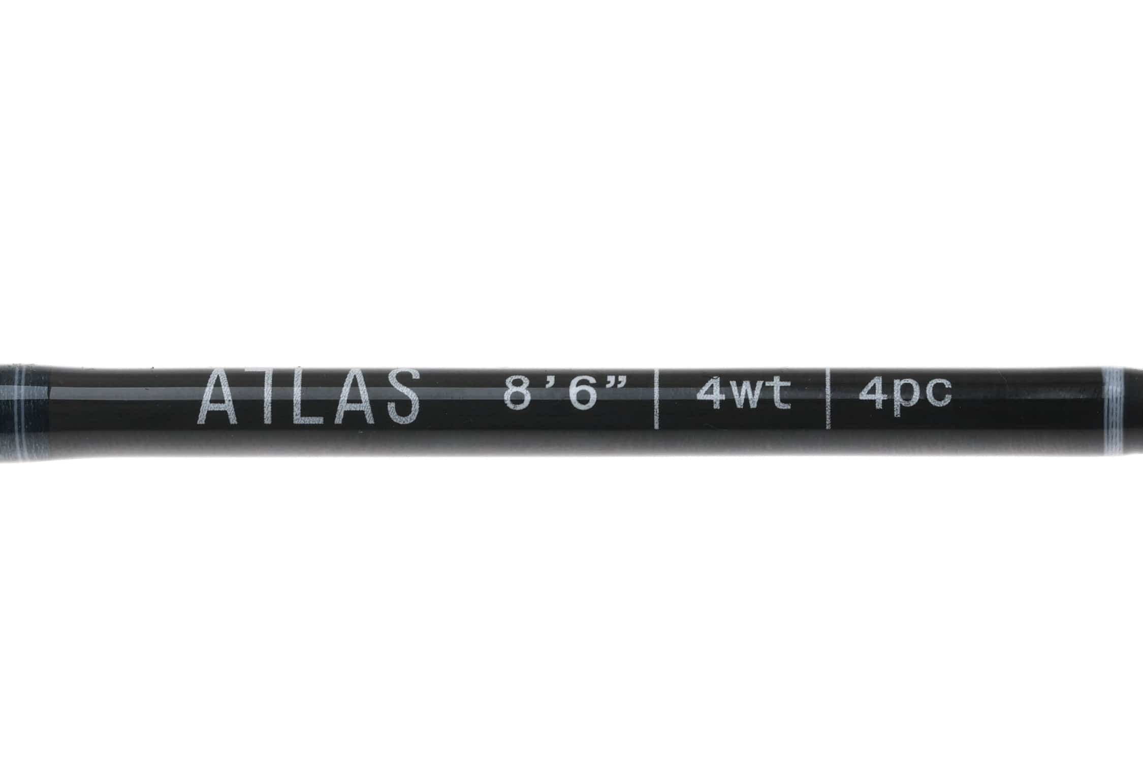 Black glossy Atlas fly rod blank with white lettering 8'6 4wt 4pc, graphite-style shaft