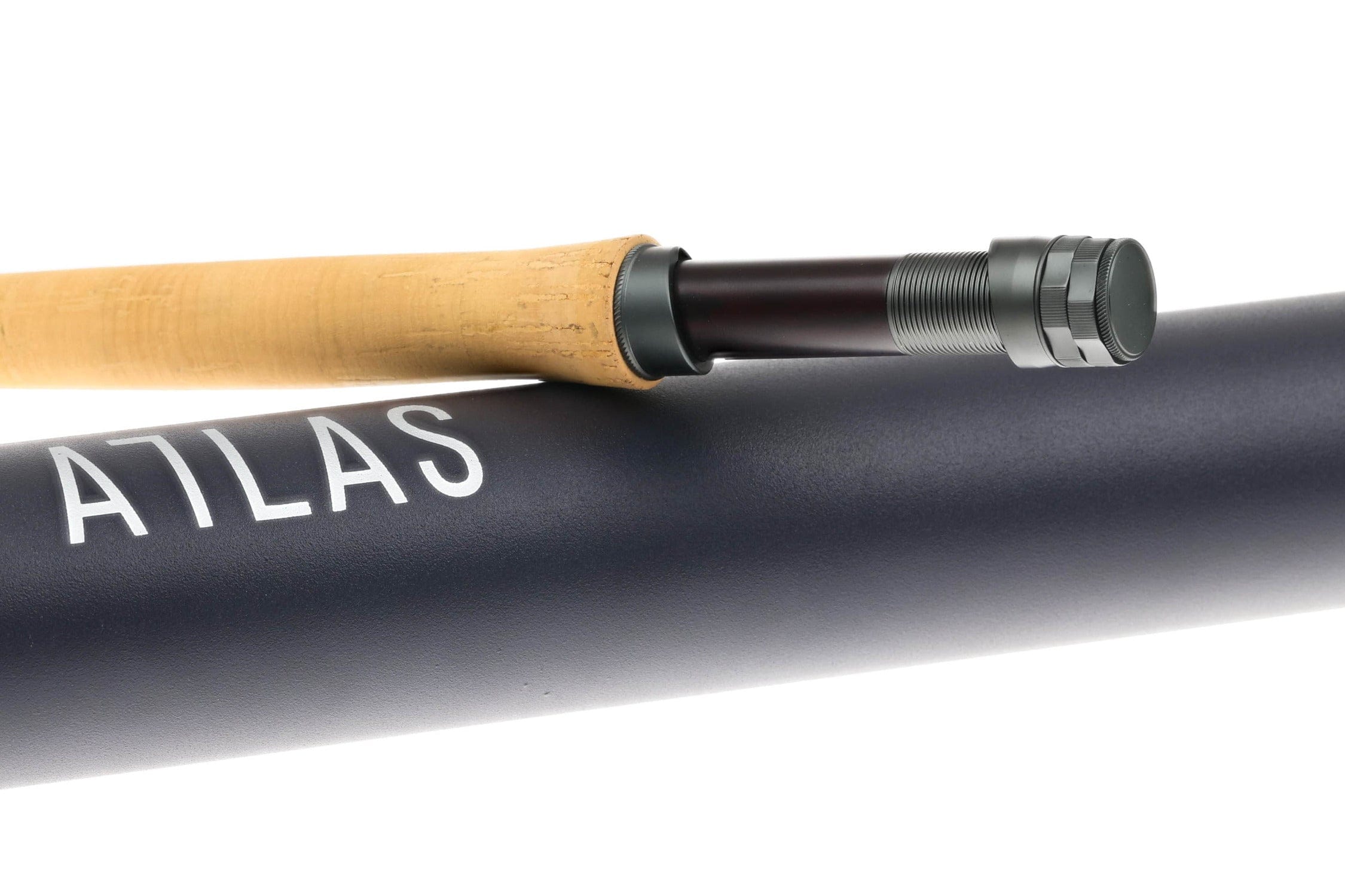 Atlas 8ft 6in 4wt fly rod with cork grip, dark brown blank and black threaded metal reel seat resting on navy ATLAS rod tube