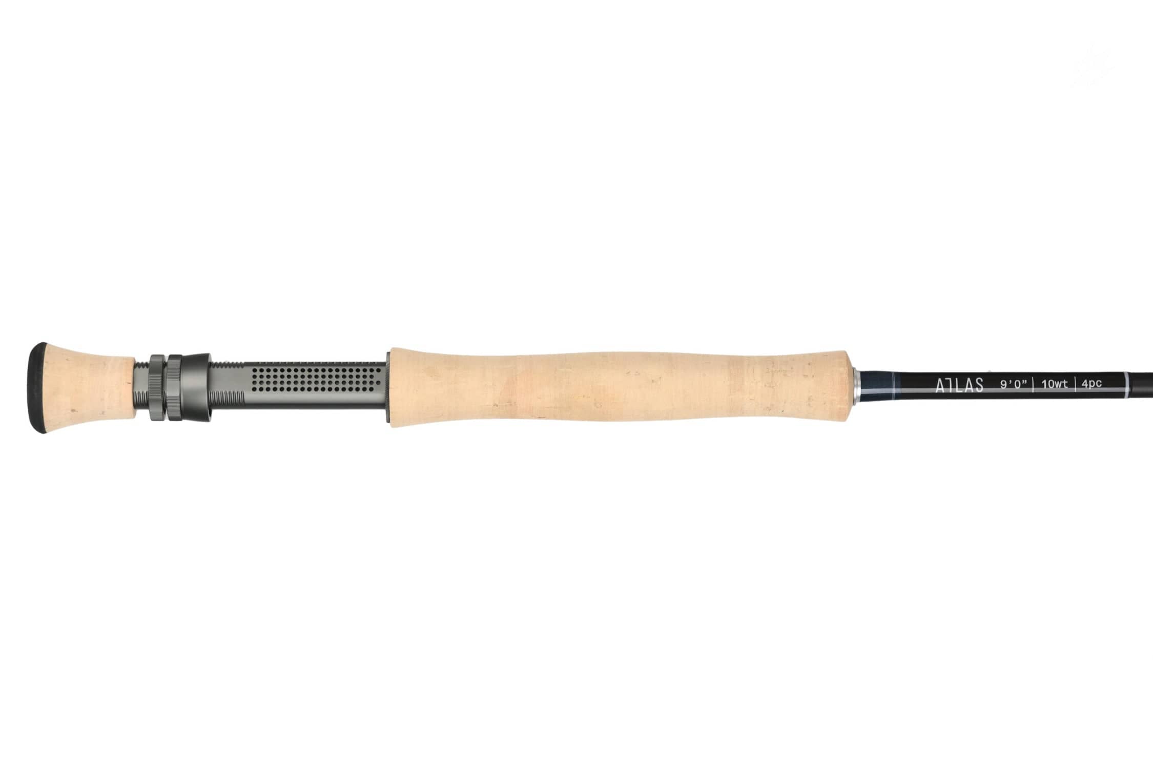 Atlas Signature 9ft 10wt fly rod with natural cork full-wells handle, black graphite blank and perforated metal reel seat