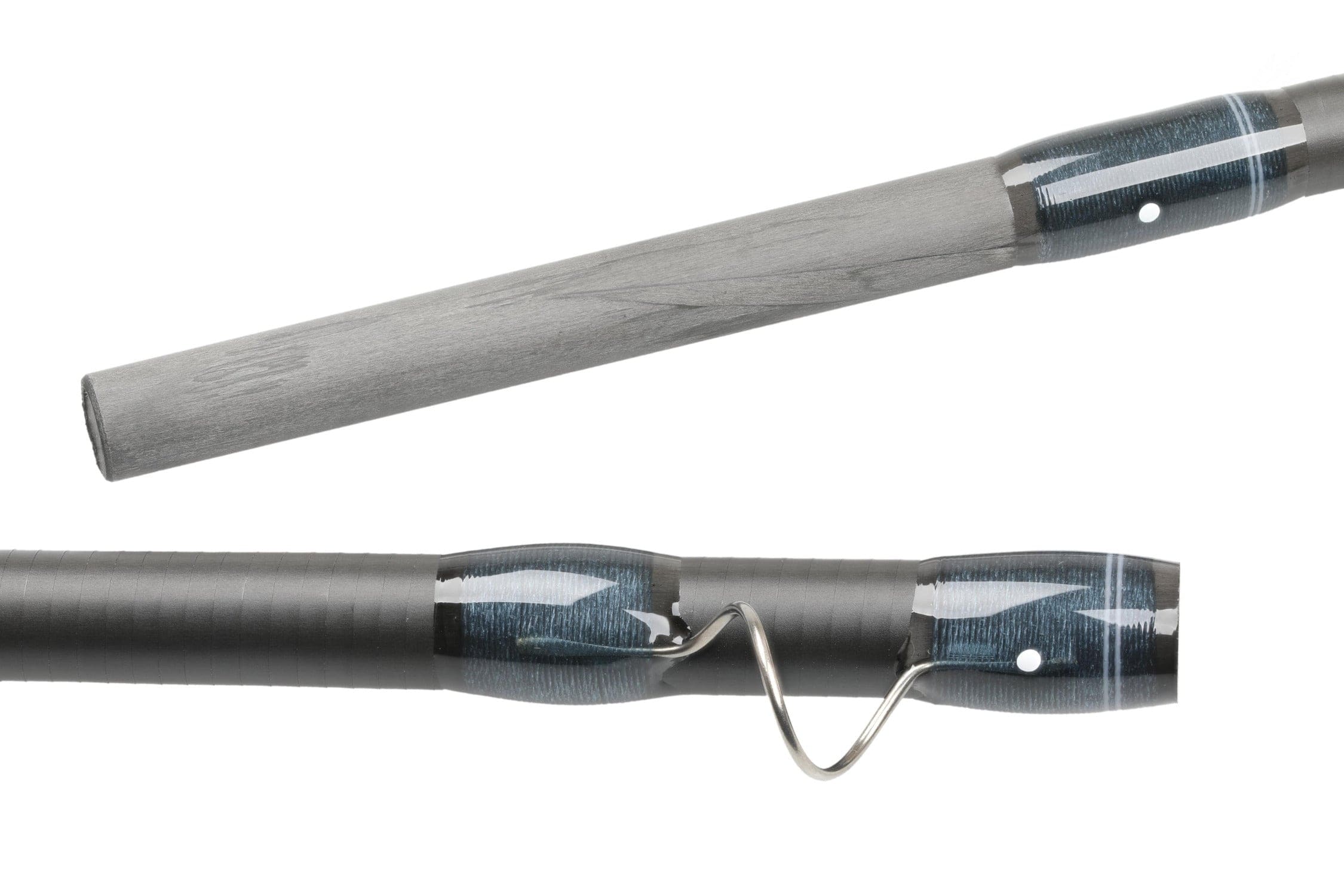 Atlas Signature 9ft 10wt fly rod matte gray graphite blank with blue glossy thread wraps and stainless spiral hook keeper