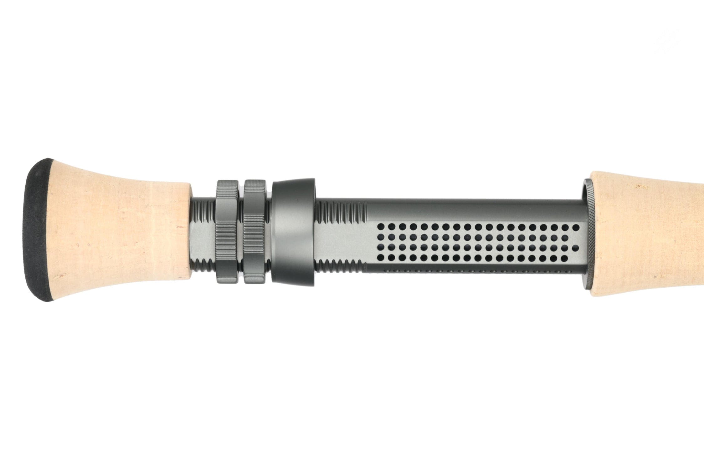 Atlas Signature 9ft 10wt fly rod handle with light cork grips and gray perforated aluminum reel seat and knurled rings