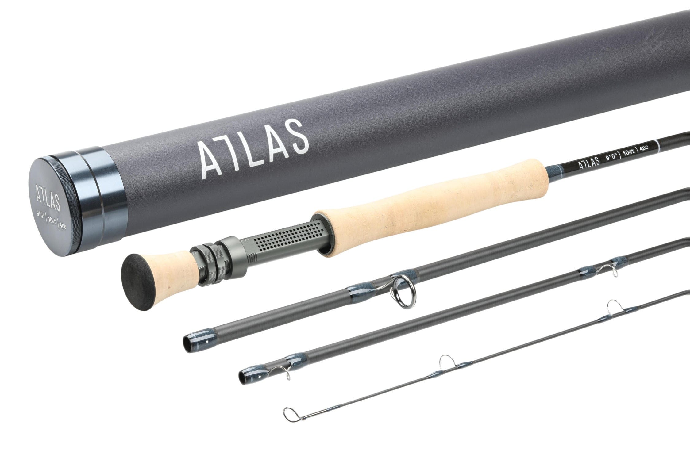 Atlas Signature 9ft 10wt fly rod with dark gray graphite blanks, natural cork handle, anodized metal reel seat and