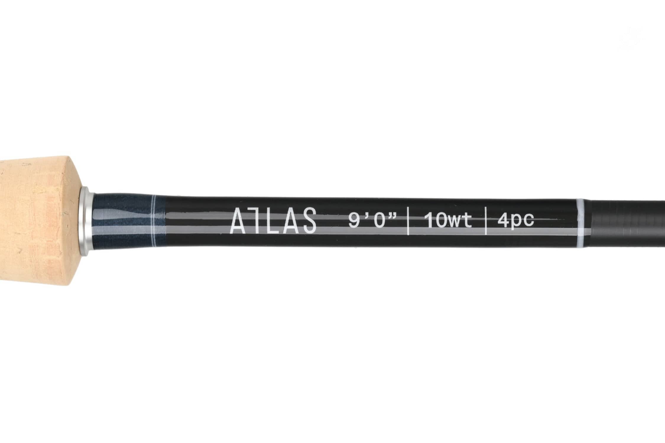 Atlas Signature 9ft 10wt fly rod section with cork handle, glossy black graphite blank, white lettering and silver reel seat