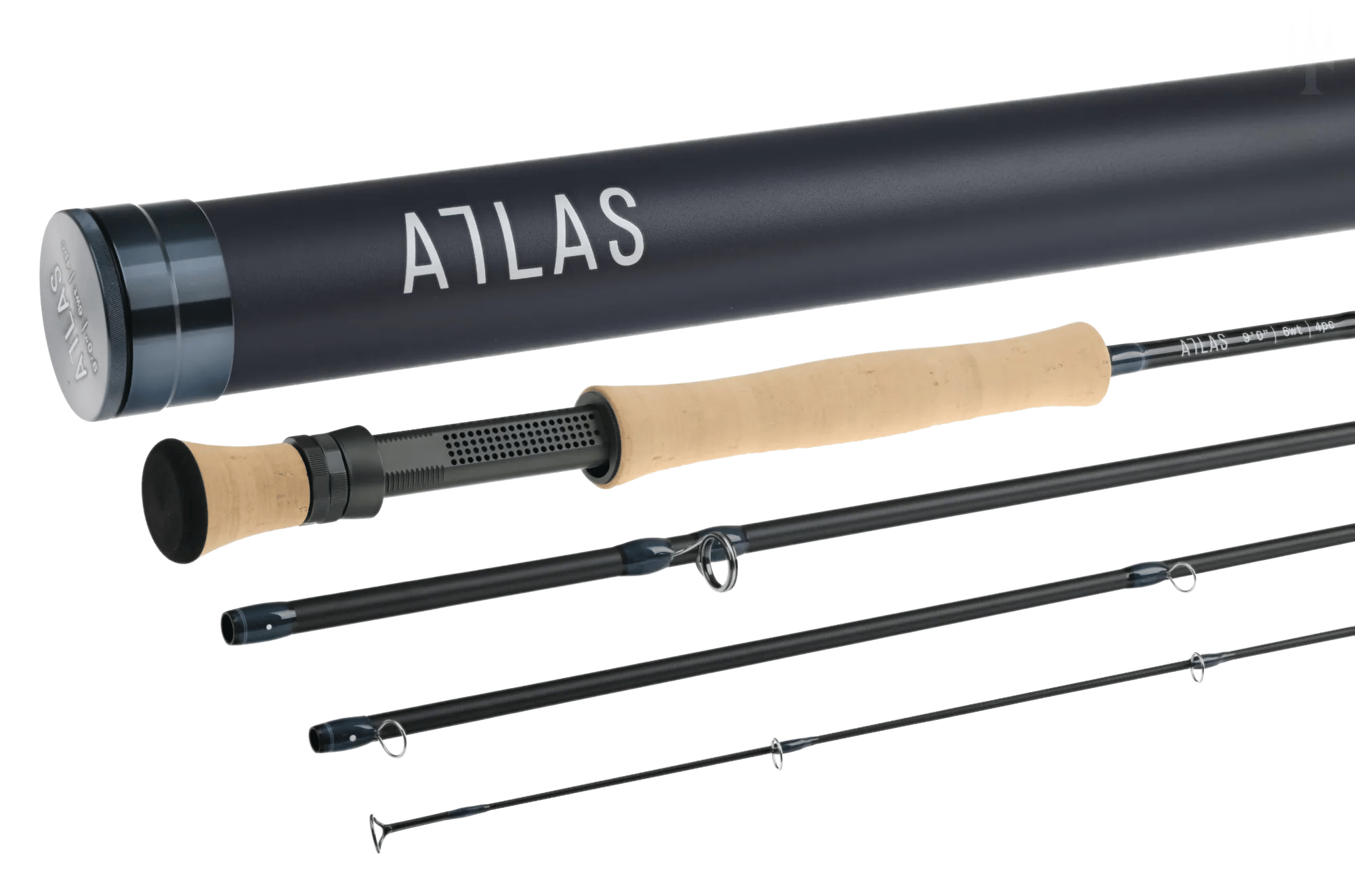 Atlas Signature 9ft 6wt fly rod - four-piece matte black carbon blanks, cork handle, metal reel seat and black travel tube