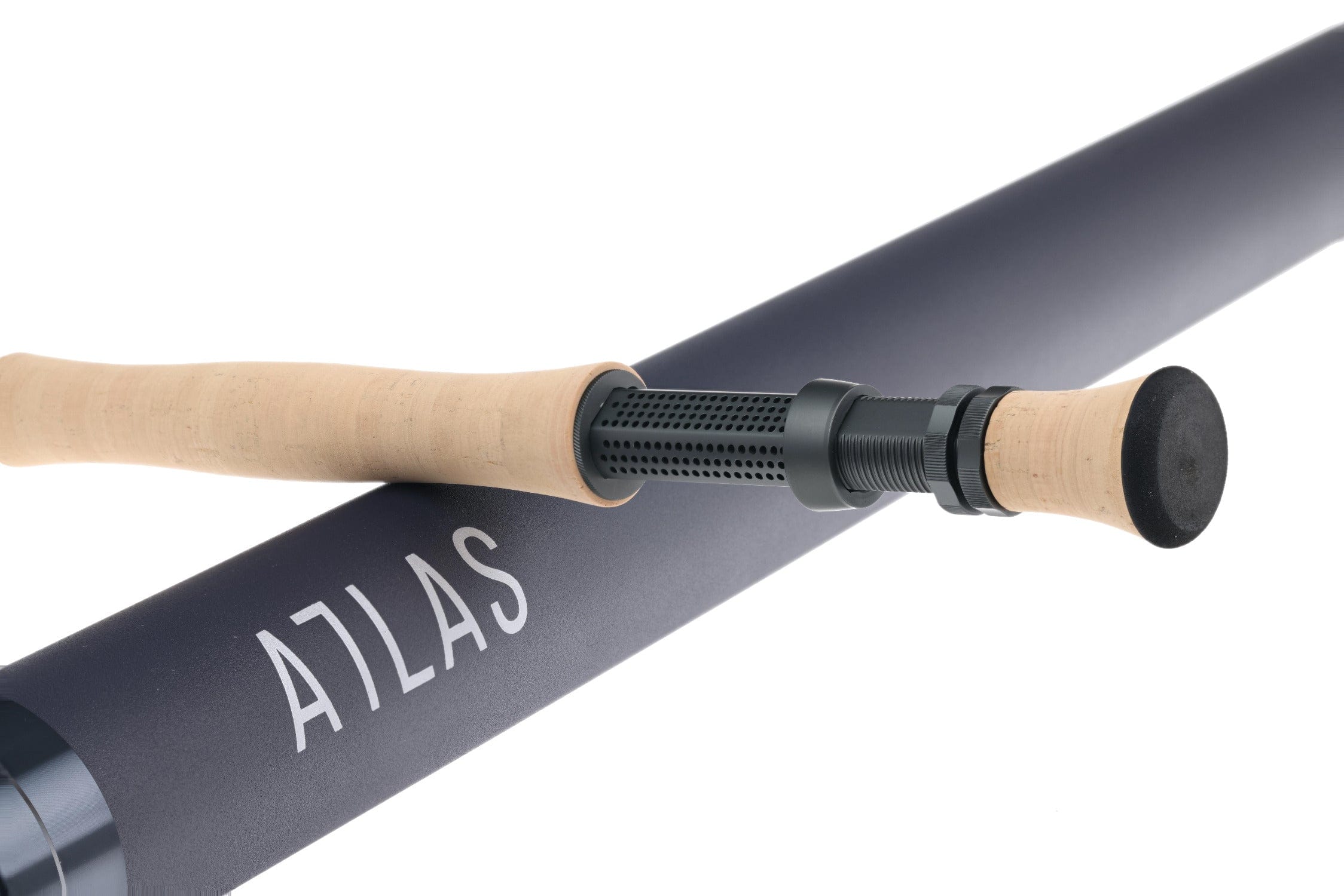 Atlas 9ft 7wt fly rod with matte navy blank, perforated black reel seat and natural cork handle with black butt cap