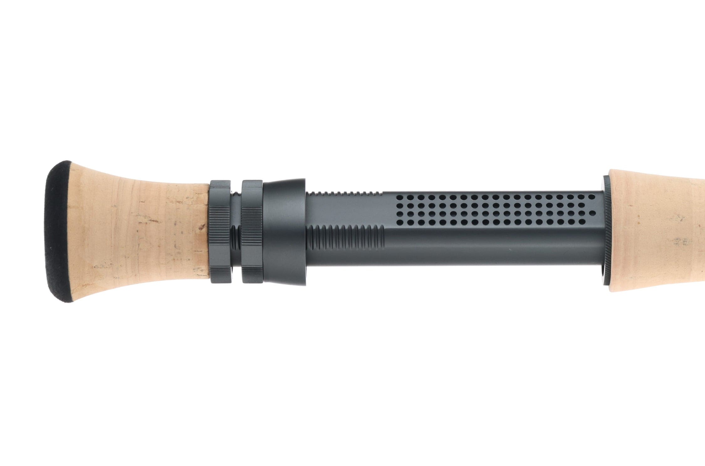 Atlas Signature 9ft 7wt fly rod cork handle with black anodized perforated metal reel seat and black rubber butt cap