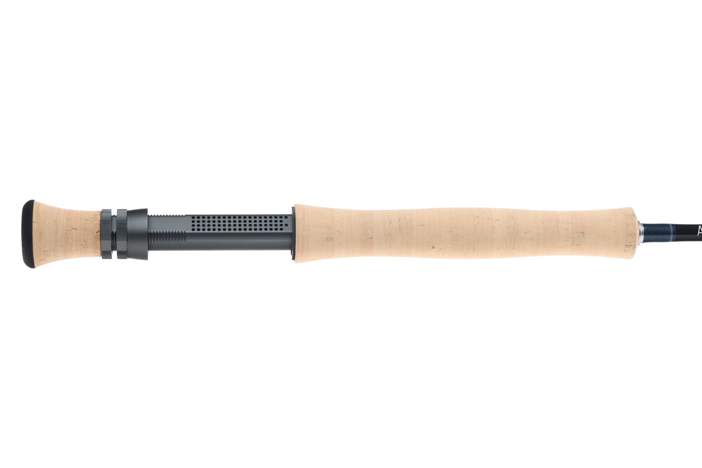Atlas Signature 9ft 7wt fly rod cork handle with black butt cap and perforated dark gray anodized reel seat