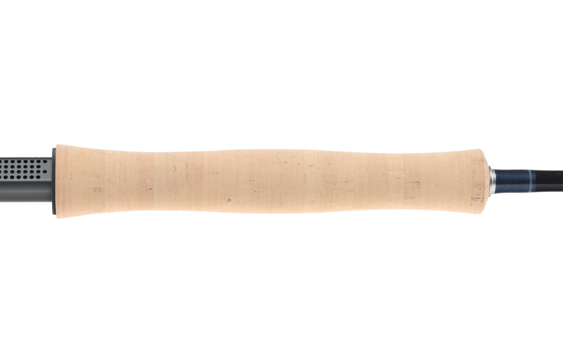 Atlas Signature 9ft 7wt fly rod with natural cork full-wells handle, blue-black blank and perforated black reel seat
