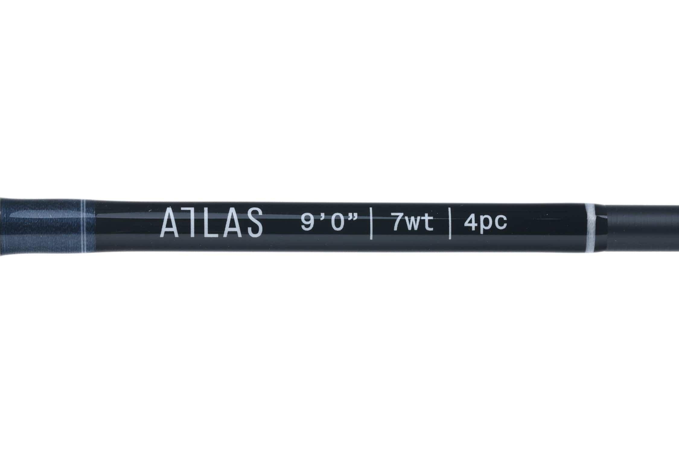 Atlas black glossy graphite fly rod blank with white lettering showing 9ft 7wt 4pc specs