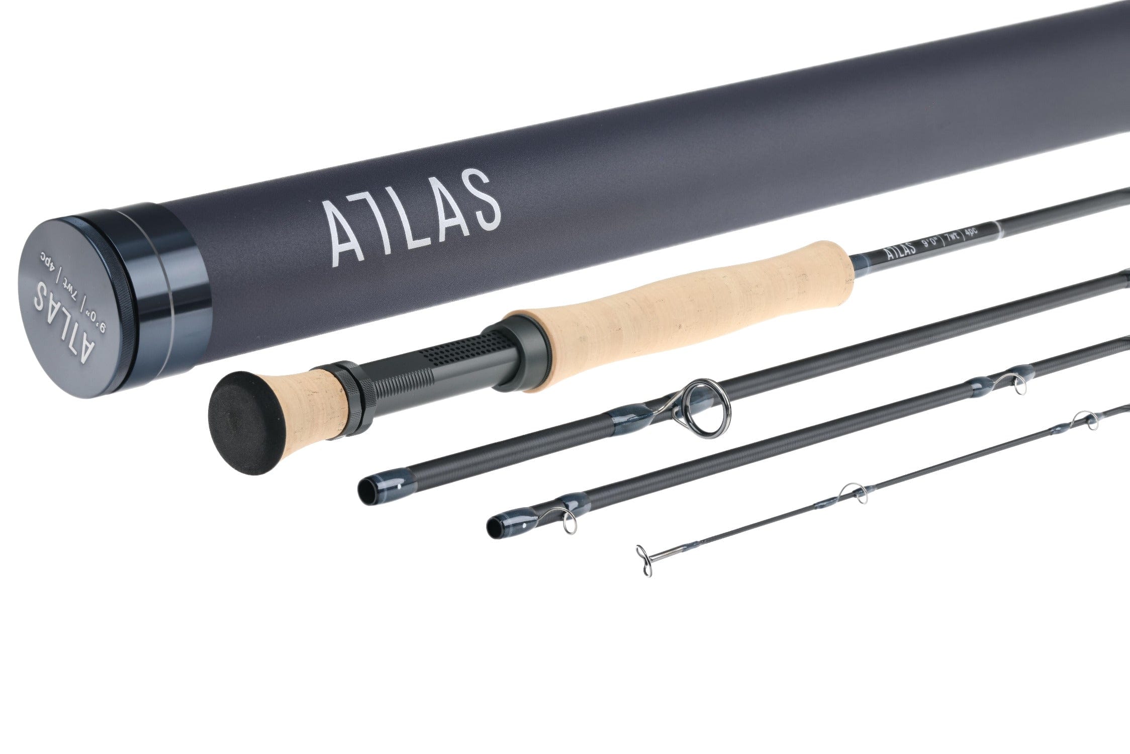 Atlas Signature 9ft 7wt fly rod: charcoal carbon blanks, light cork handle, black reel seat and silver guides