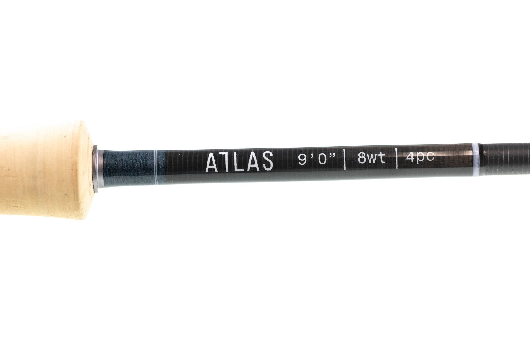 Atlas Signature 9'0 8wt fly rod with black graphite blank, white markings and natural cork handle