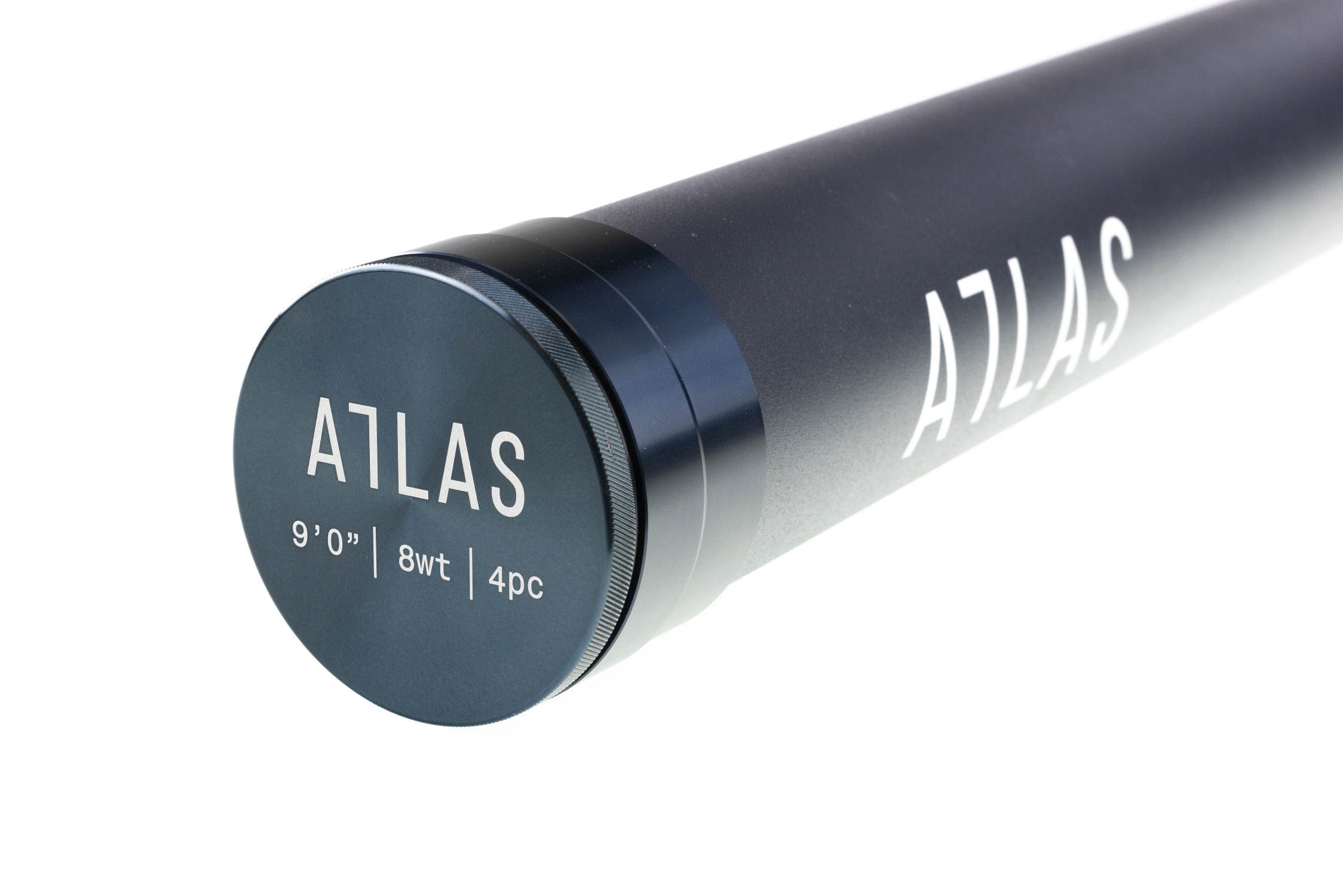 ATLAS matte dark blue aluminum fly rod tube and threaded end cap with white logo and 9 ft 8wt 4pc markings