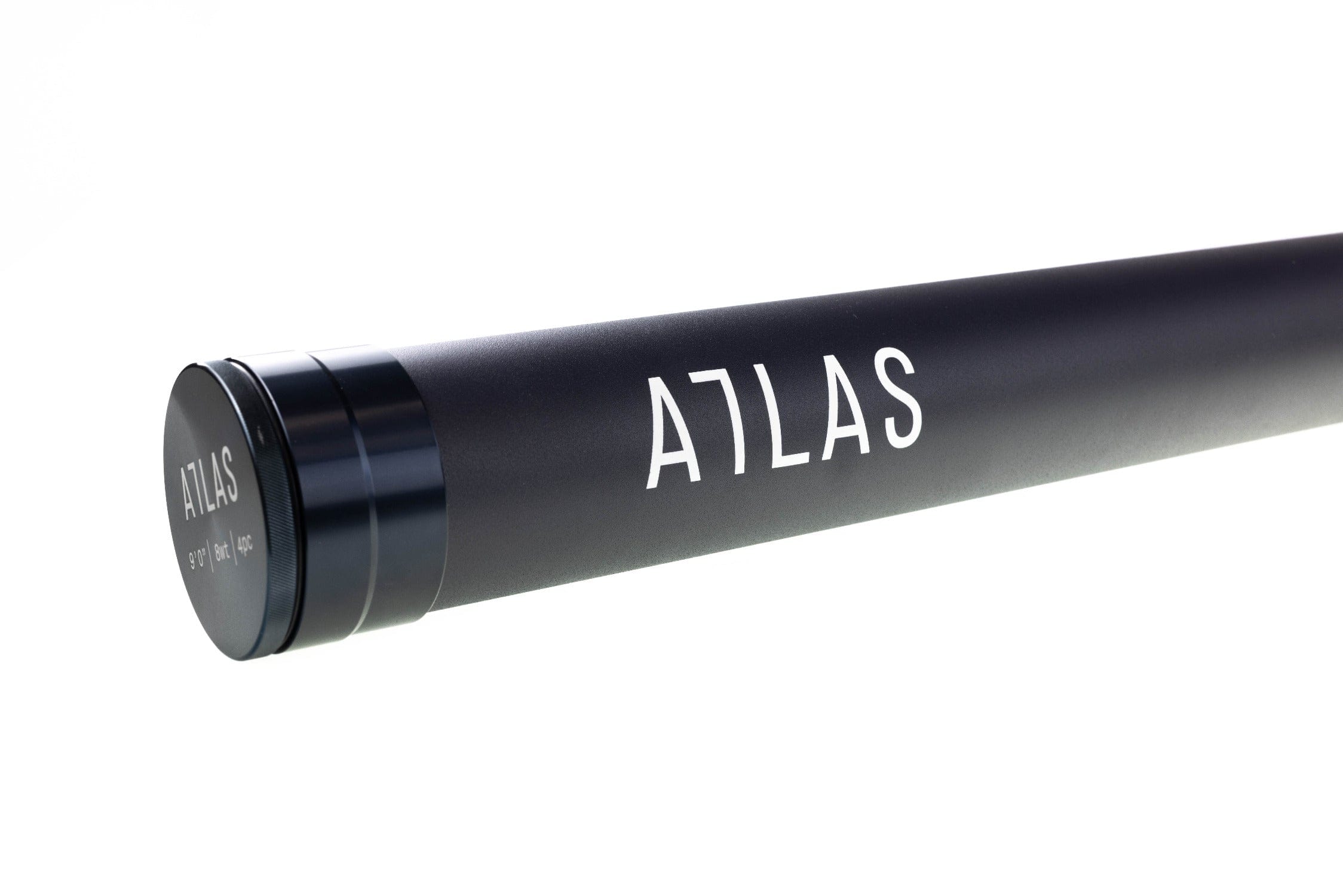 Matte black aluminum rod tube with white ATLAS logo, screw-on cap and sleek cylindrical design for 9ft 8wt fly rod