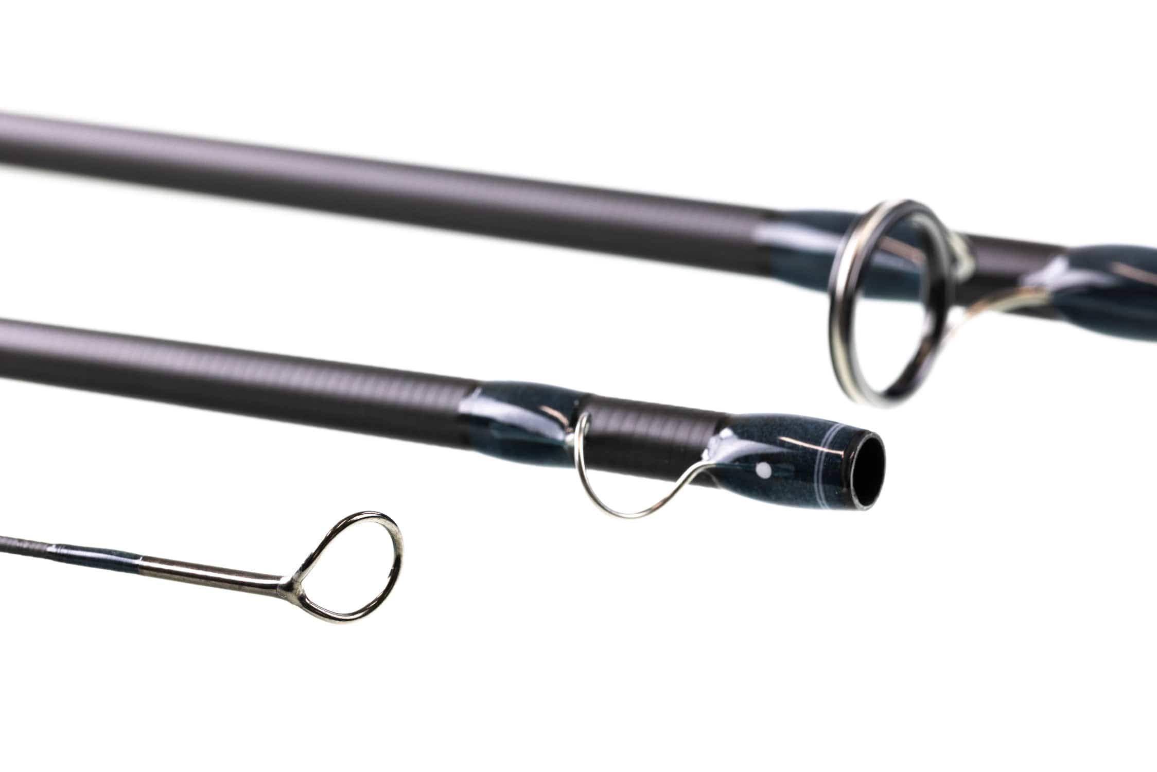 Atlas Signature 9ft 8wt fly rod sections in dark graphite carbon finish with blue thread wraps and silver guide rings