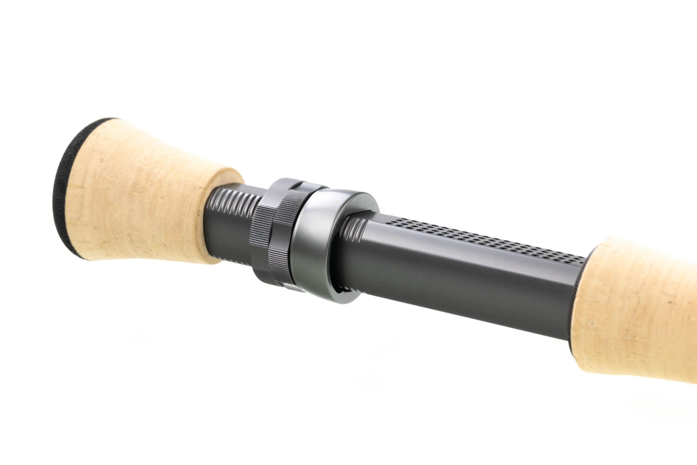 Atlas Signature 9ft 8wt fly rod handle with natural cork grips and matte black aluminum reel seat