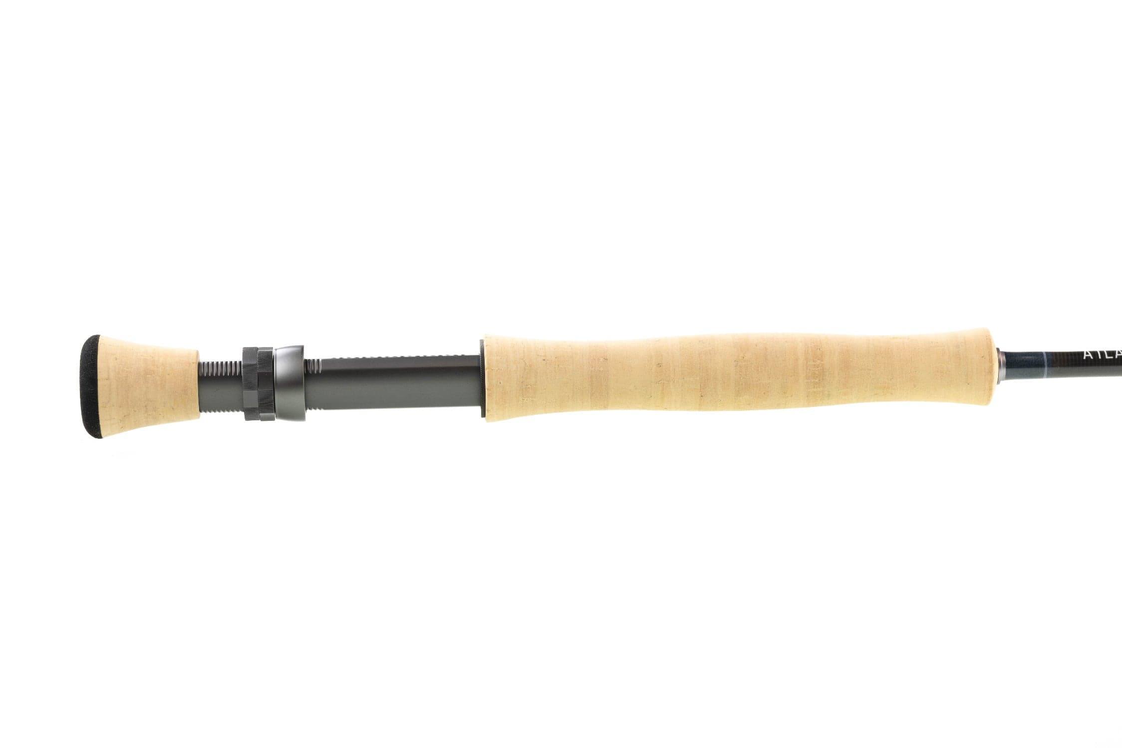 Atlas Signature 9ft 8wt fly rod handle with light cork grip, black split-reel seat and matte graphite blank