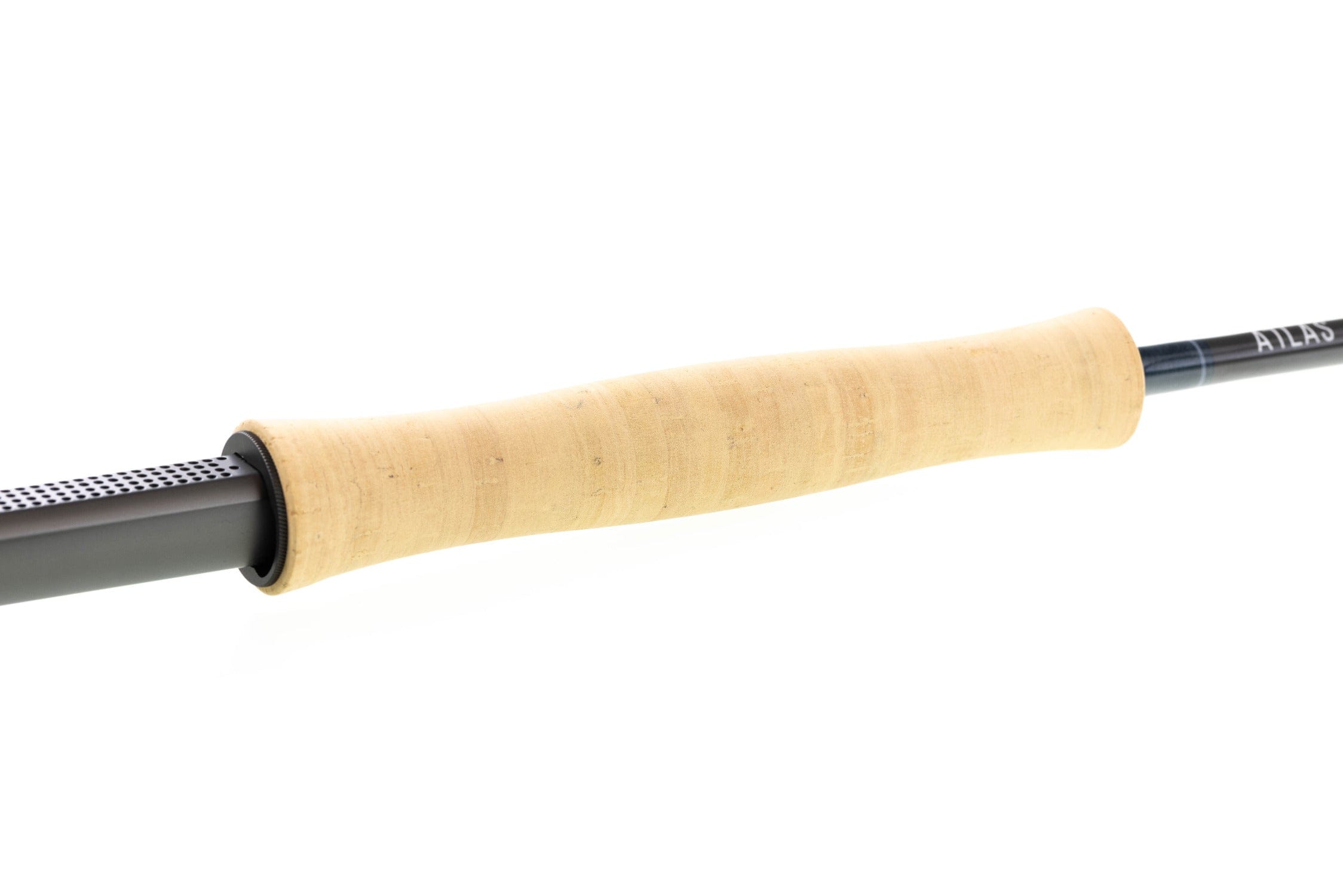 Atlas Signature 9ft 8wt fly rod with light cork handle, black graphite blank and perforated reel seat