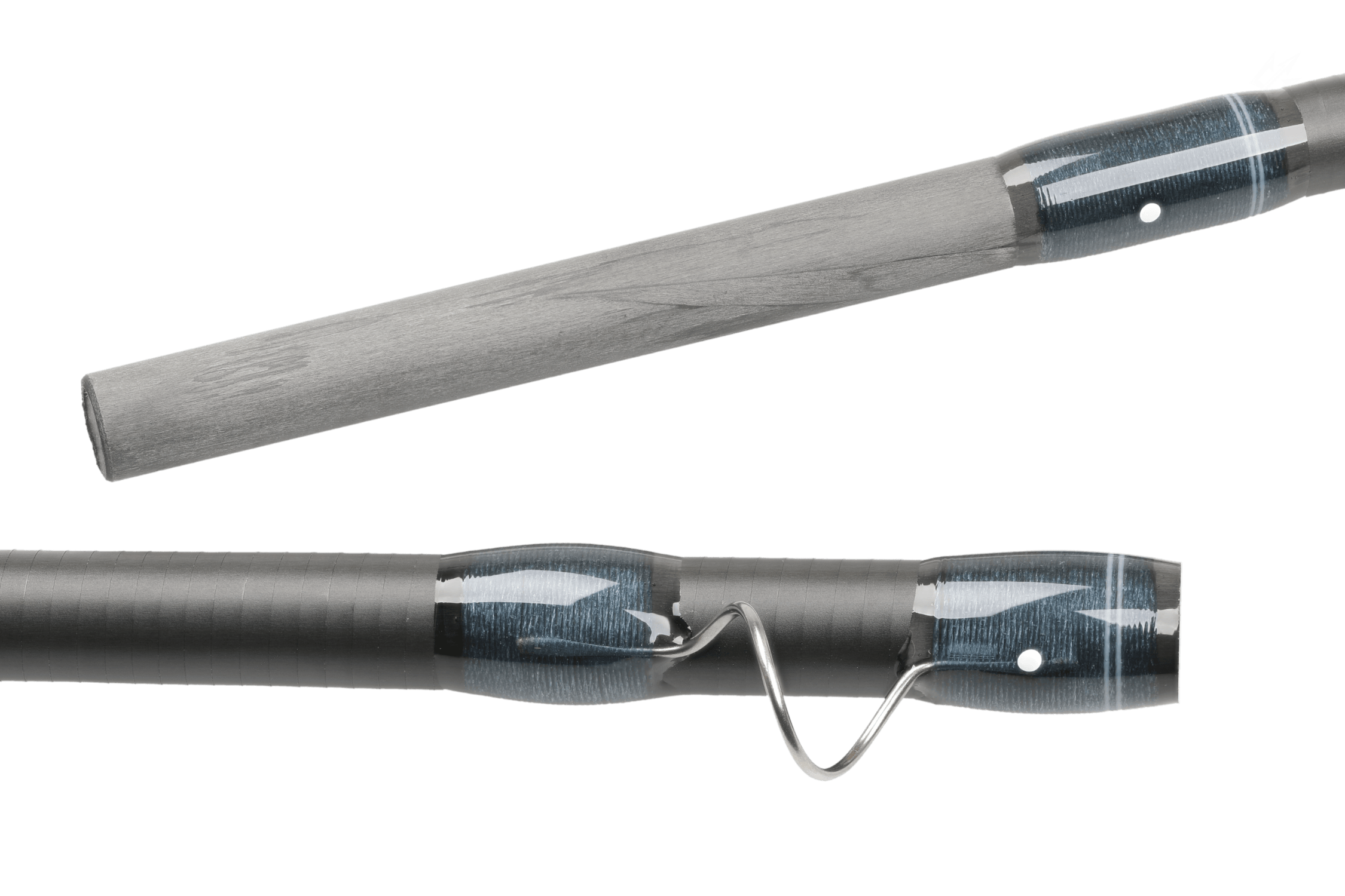 Atlas Signature 9ft 9wt fly rod handle and blank: matte charcoal carbon, grey cork grip, blue glossy thread wraps