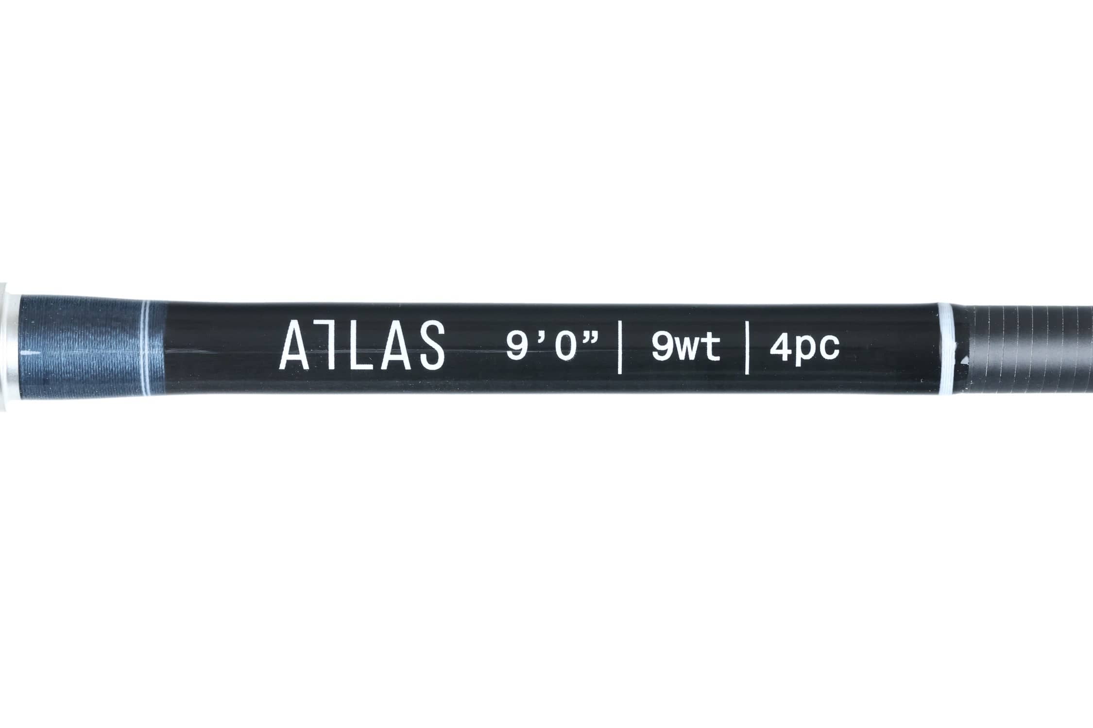Atlas 9ft 9wt black graphite fly rod section with white lettering, blue thread wraps and 4pc marking