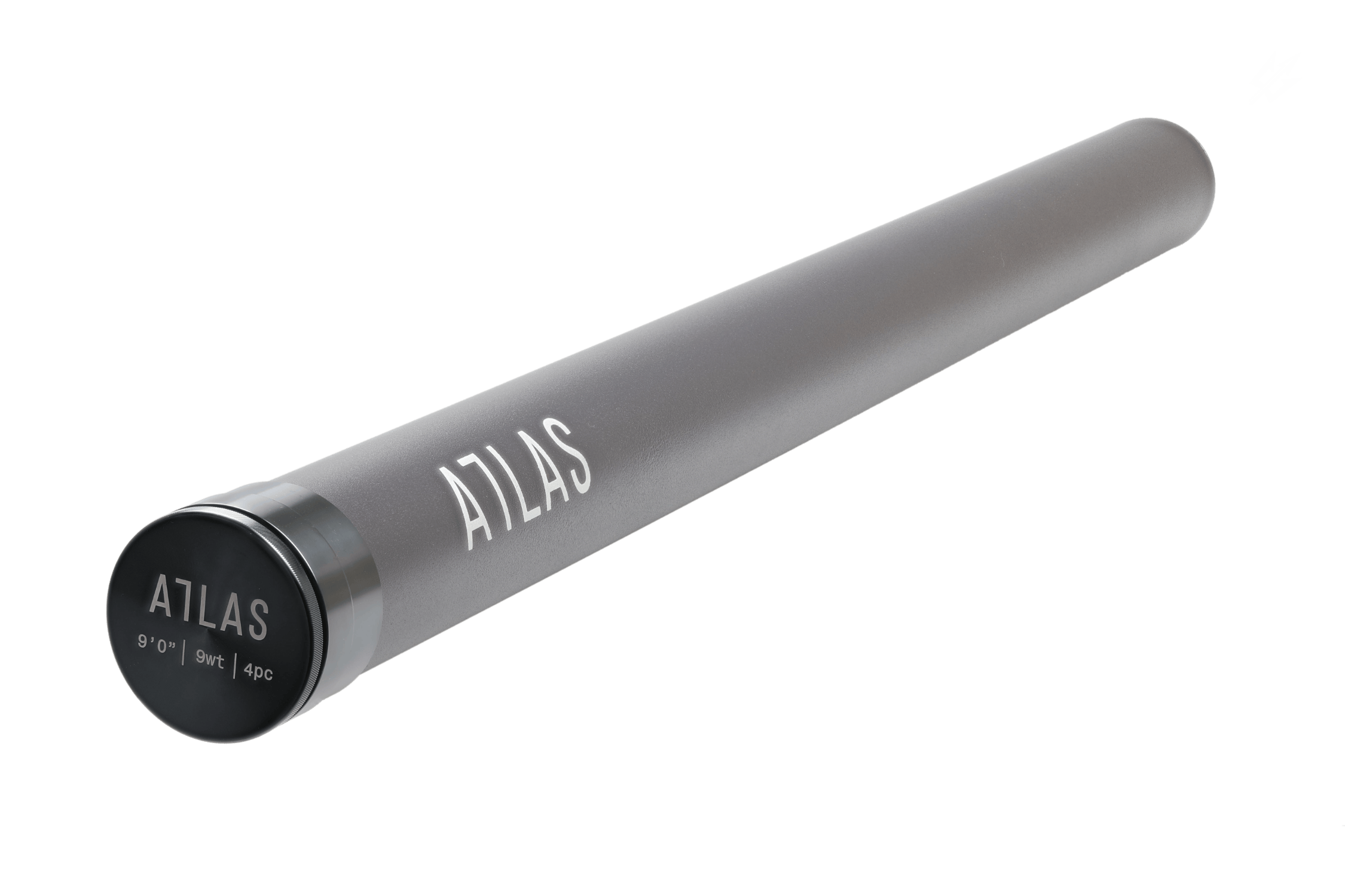 Matte gray aluminum Atlas fly rod tube with black end cap, white Atlas logo and 9ft 9wt 4pc label