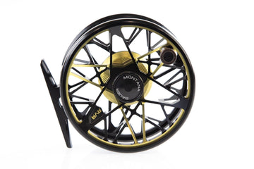 Bauer RVR fly reel black and gold anodized aluminum with skeletonized large-arbor spool and wooden handle