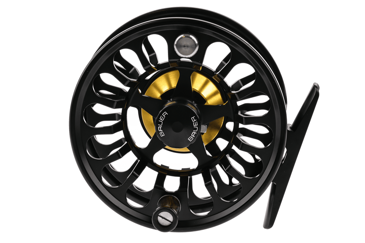 Bauer RX fly reel black machined aluminum large-arbor reel with gold anodized spool and ventilated spoke design