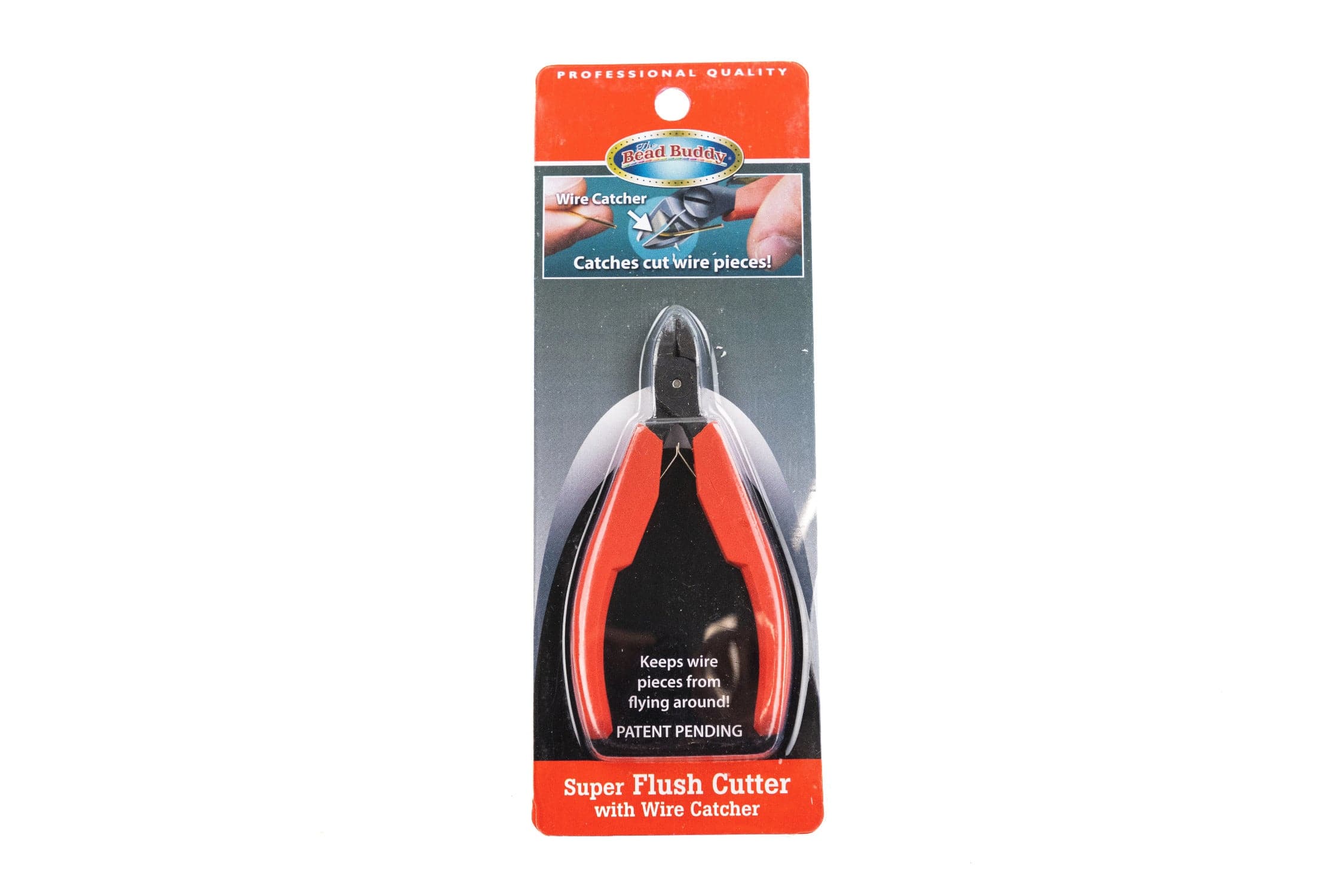 Bead Buddy red and black flush cutter pliers with stainless steel jaws and wire catcher, compact fly tying tool