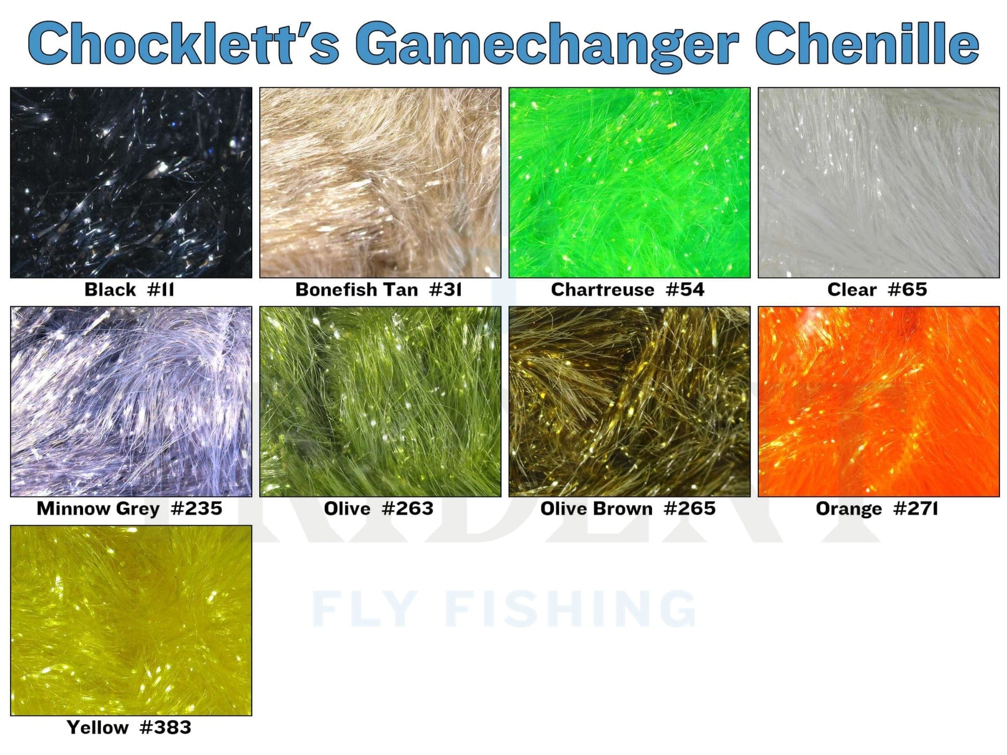 Chockletts Gamechanger chenille close-up swatches of sparkly synthetic fibers for fly tying in bright colors