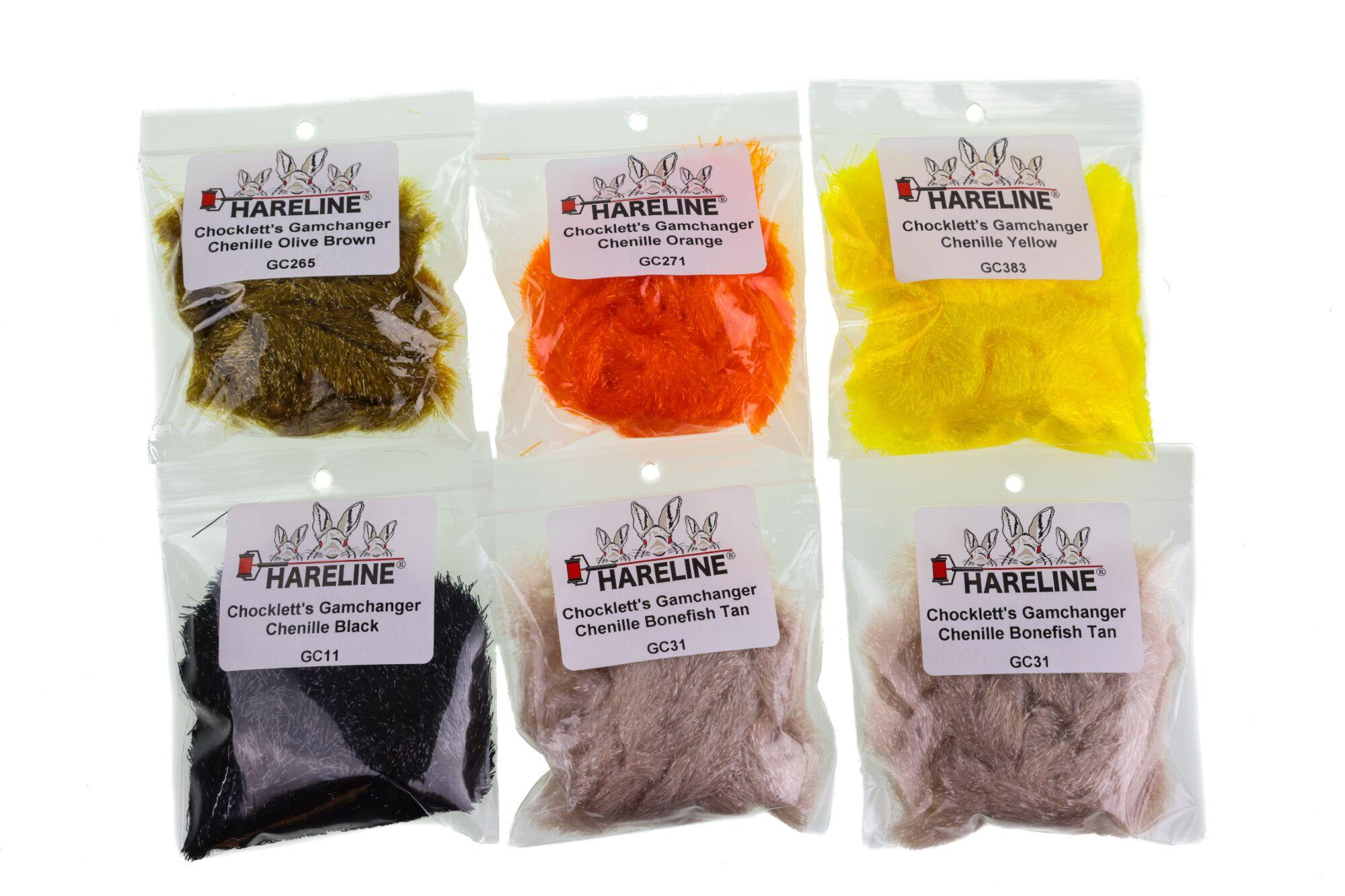 Chocklett's Gamechanger chenille packs — olive brown, bright orange and fluorescent yellow soft fuzzy yarn for fly tying