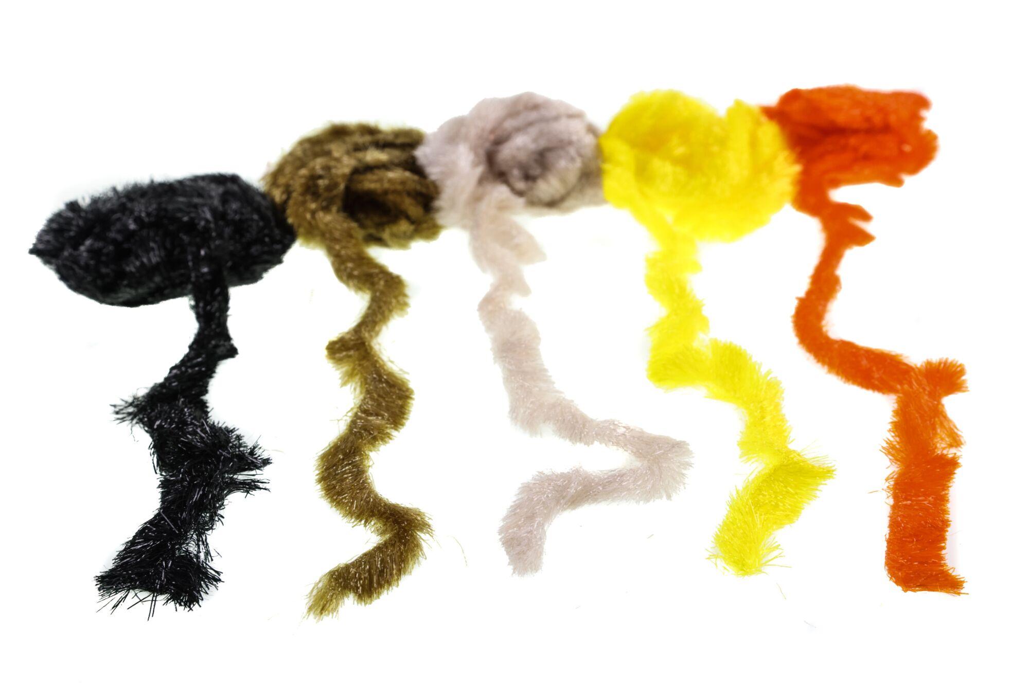 Chockletts Gamechanger chenille strands in black, olive, cream, yellow and orange, fuzzy plush fly tying material