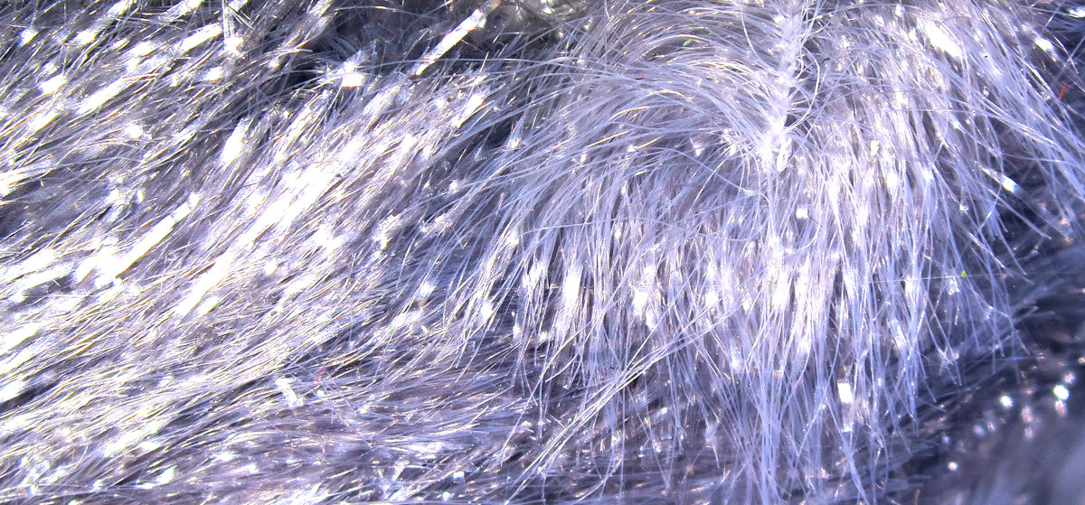 Silver iridescent Gamechanger chenille with fine flashy synthetic fibers for fly tying, shaggy reflective texture