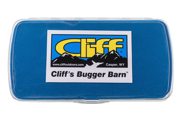 Clear plastic Cliff Outdoors fly box with bright blue foam interior and Cliff's Bugger Barn logo on lid