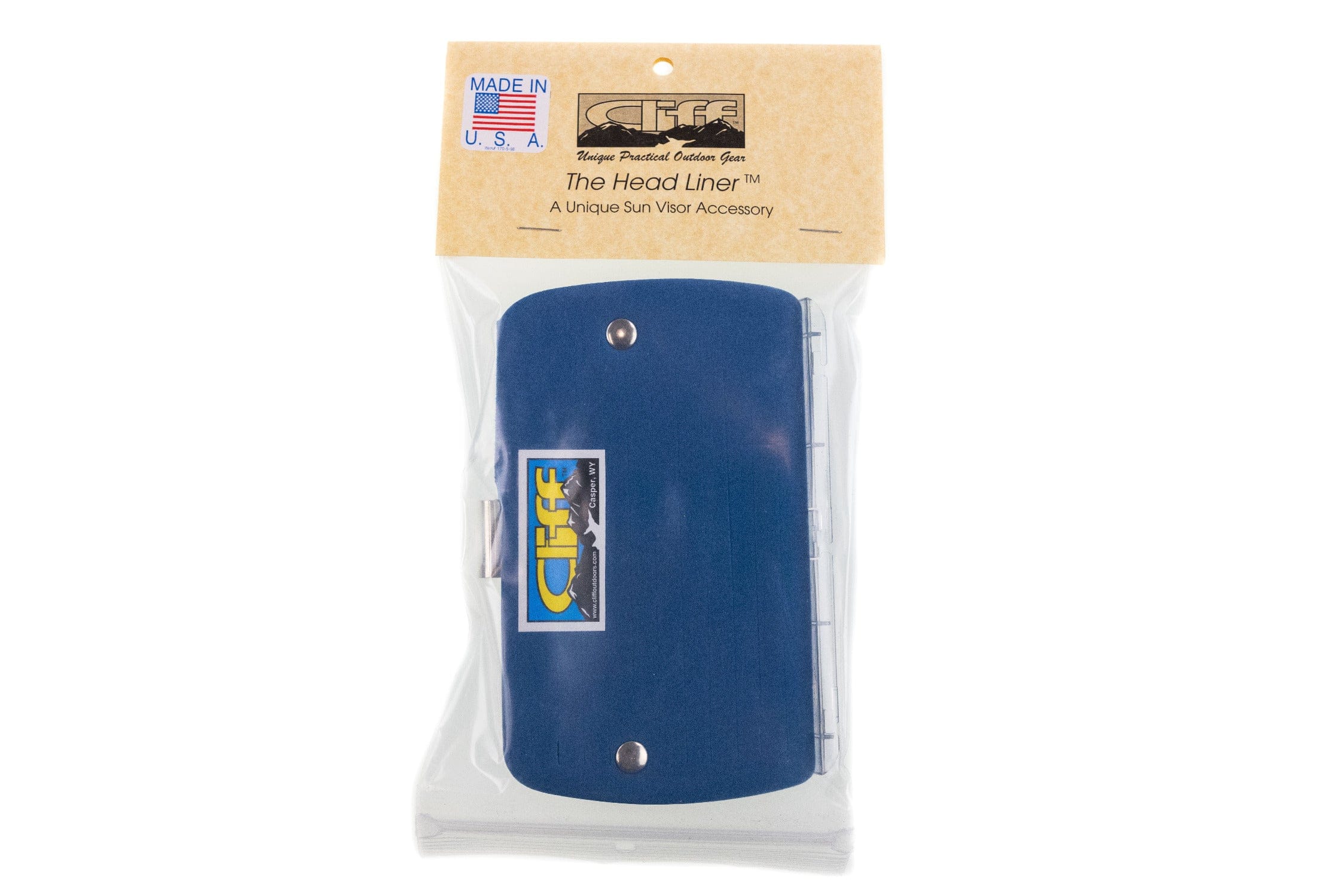 Navy blue fabric Headliner fly patch with metal snaps in clear plastic packaging Cliff Outdoors visor accessory