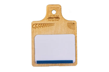 Light plywood paddle-style fly tying organizer with laser-etched hook size guides, white pad and blue foam strip