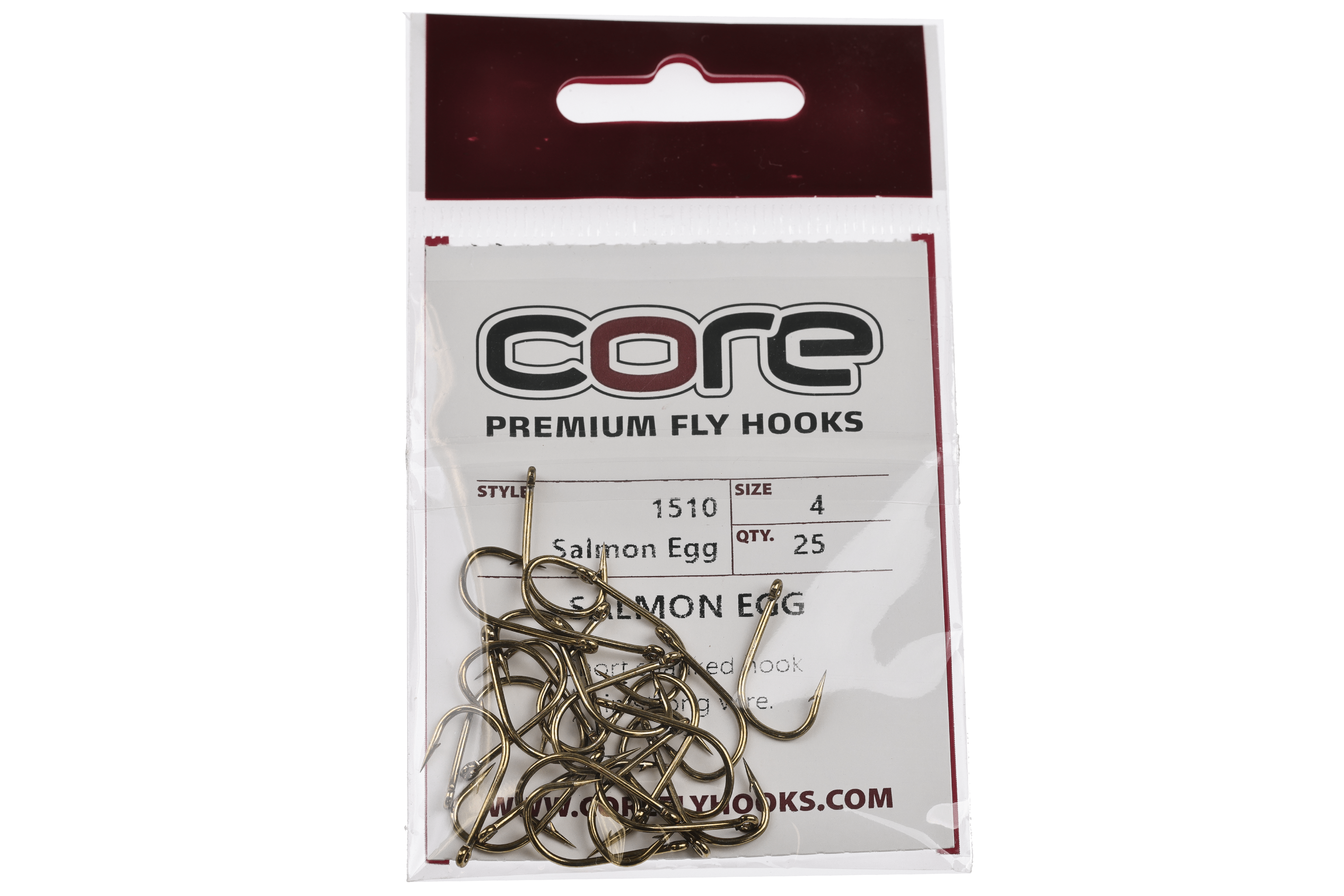 Gold metal salmon egg fly hooks packed in clear Core Hooks blister pack with visible size and logo