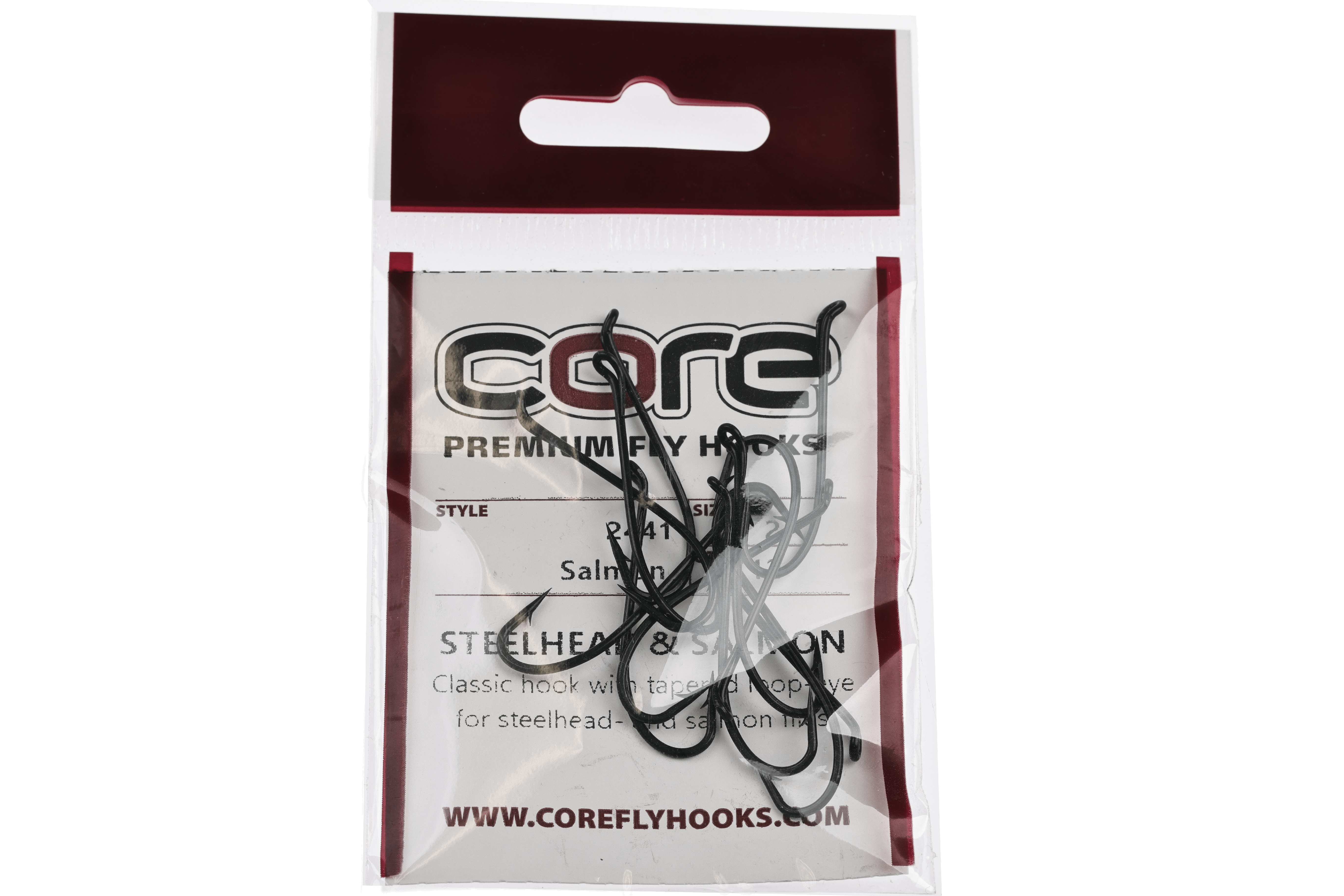Black nickel fly hooks in clear plastic pack with white and maroon Core label, steelhead and salmon hooks