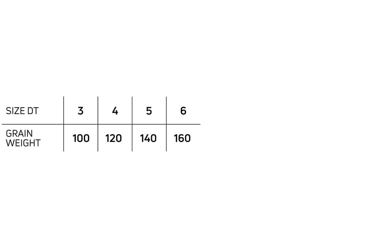 Cortland 333 double taper fly line chart on white background showing DT sizes 3-6 and grain weights 100, 120, 140, 160