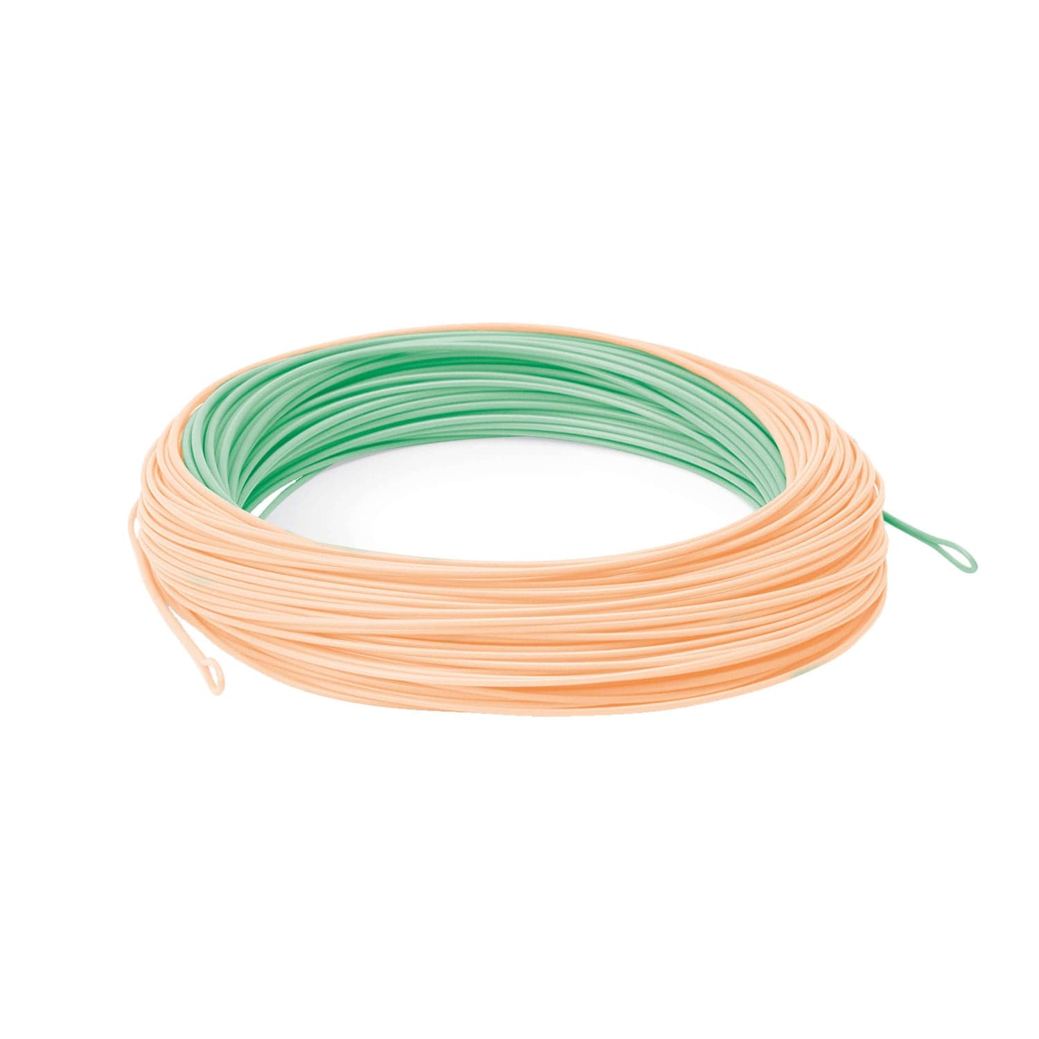 Cortland Cannon coiled fly line in peach outer and mint green core, smooth plastic fly fishing line with welded loops