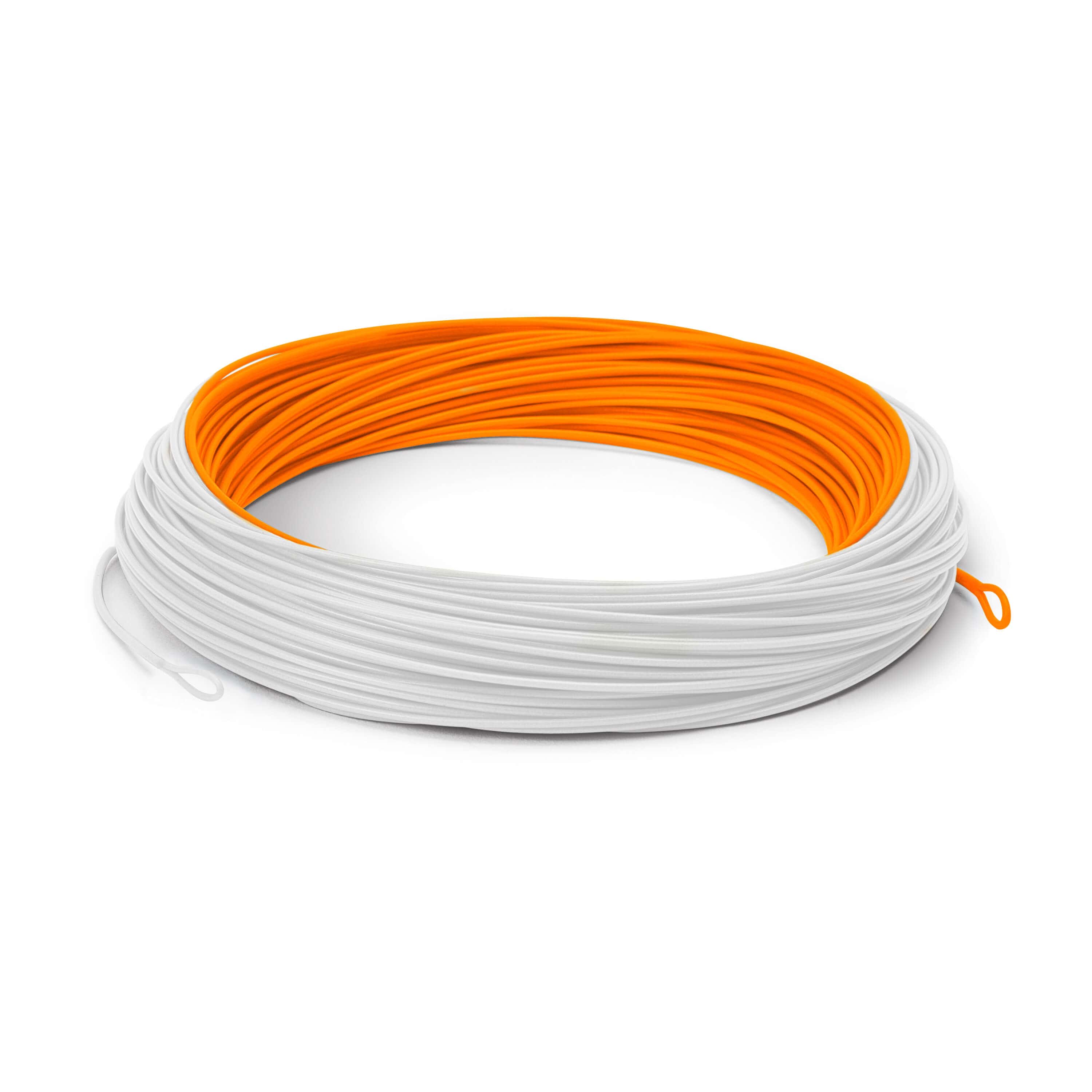 Coiled Cortland salmon steelhead fly line with bright orange running section and white PVC-coated backing.
