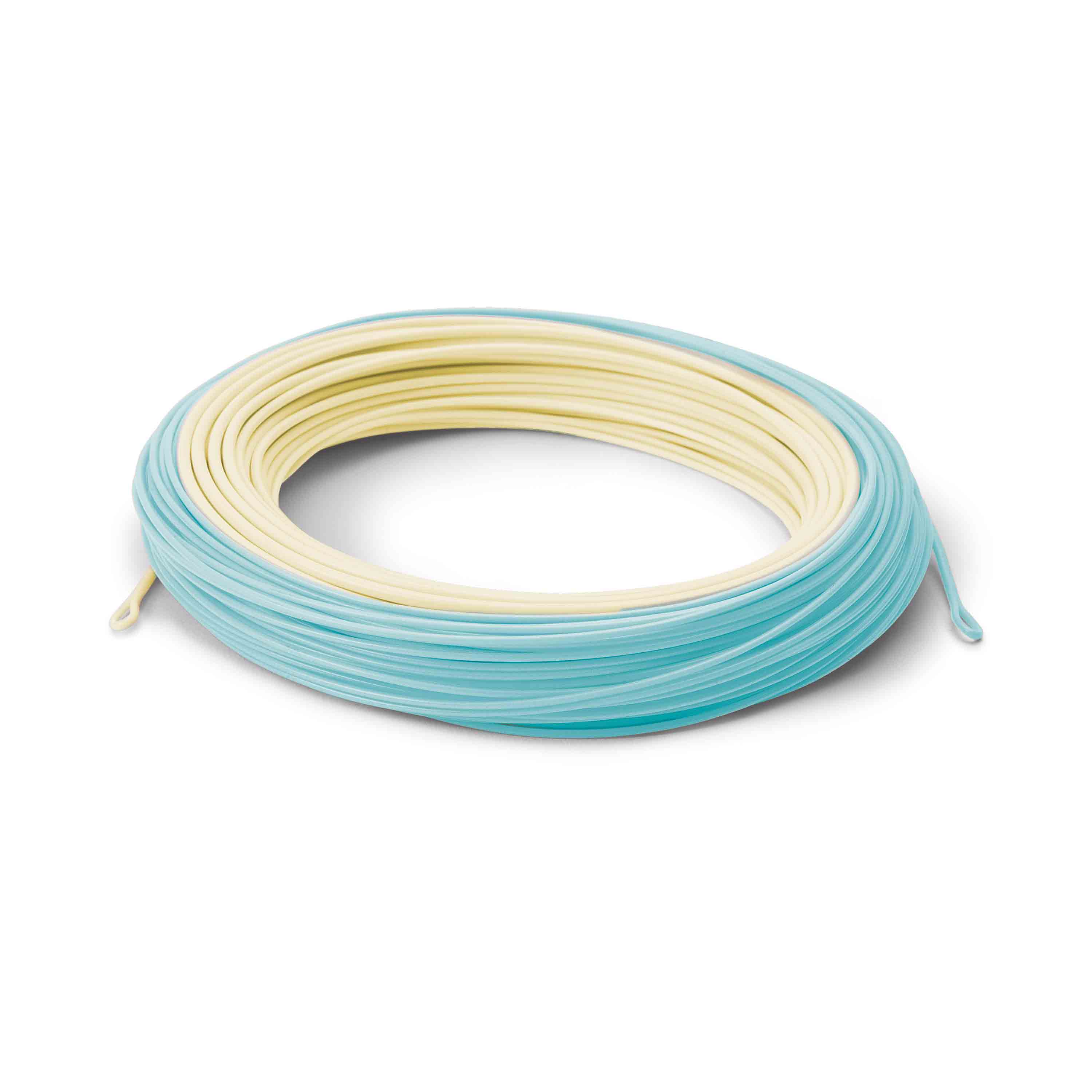 Cortland Tropic Plus coiled fly line with pale cream core and aqua outer, smooth tapered PVC for all-purpose casting